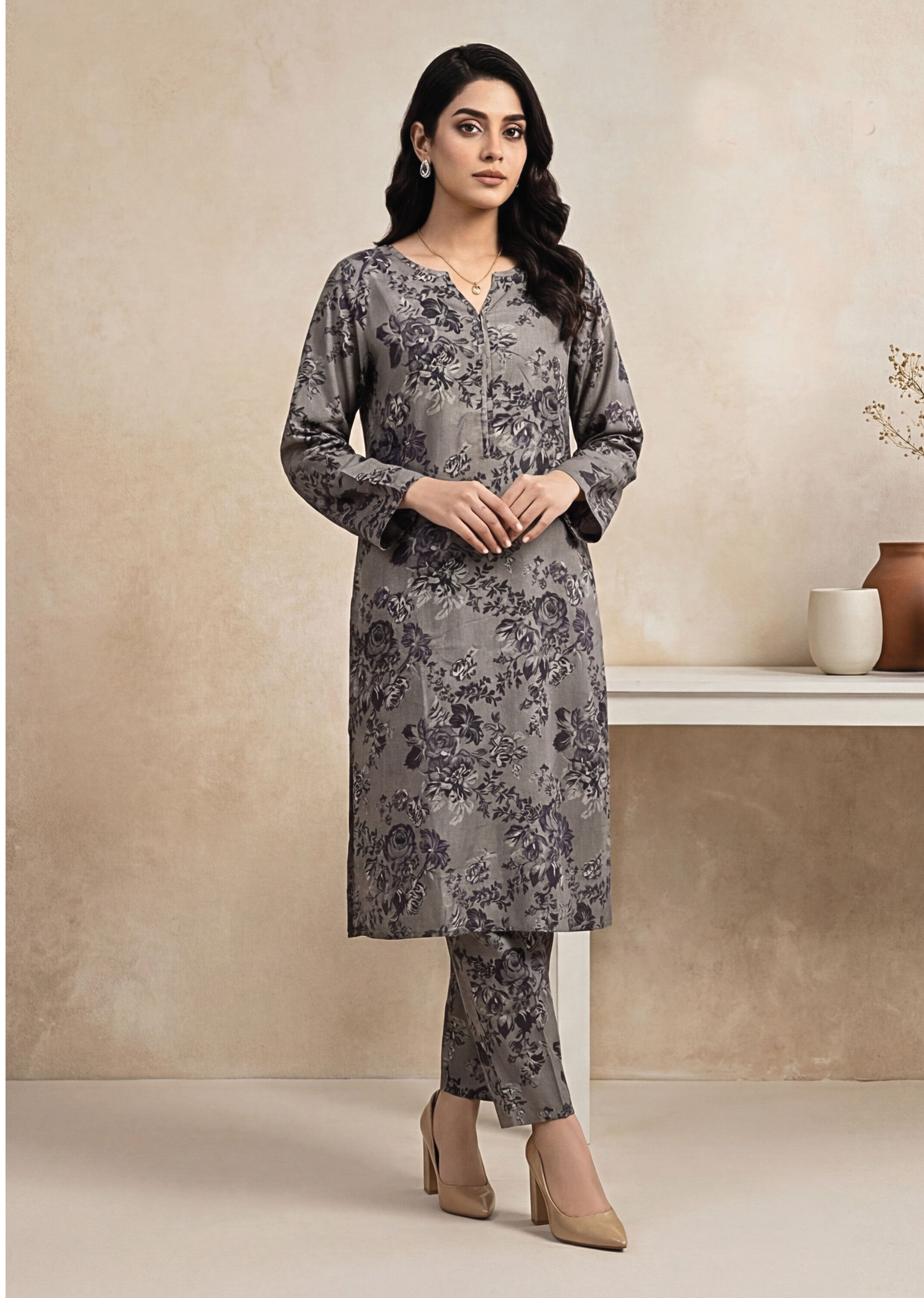 Blush Beige Linen Stitched Staple Digital print suit
