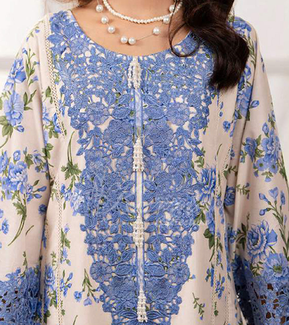 Bluebell Ivory Embroidered Lawn Suit with Floral Printed Dupatta & Farshi Shalwar