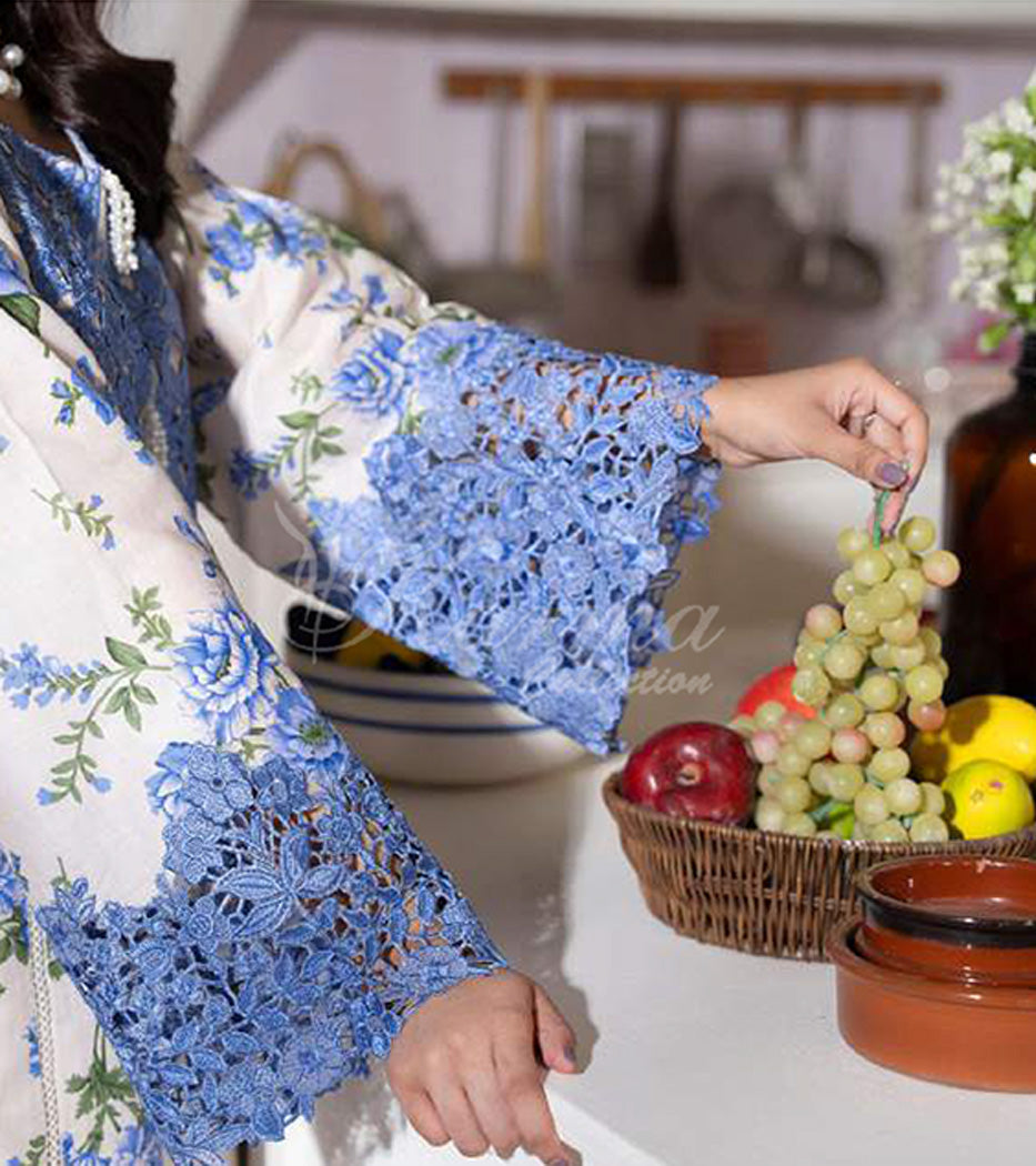 Bluebell Ivory Embroidered Lawn Suit with Floral Printed Dupatta & Farshi Shalwar