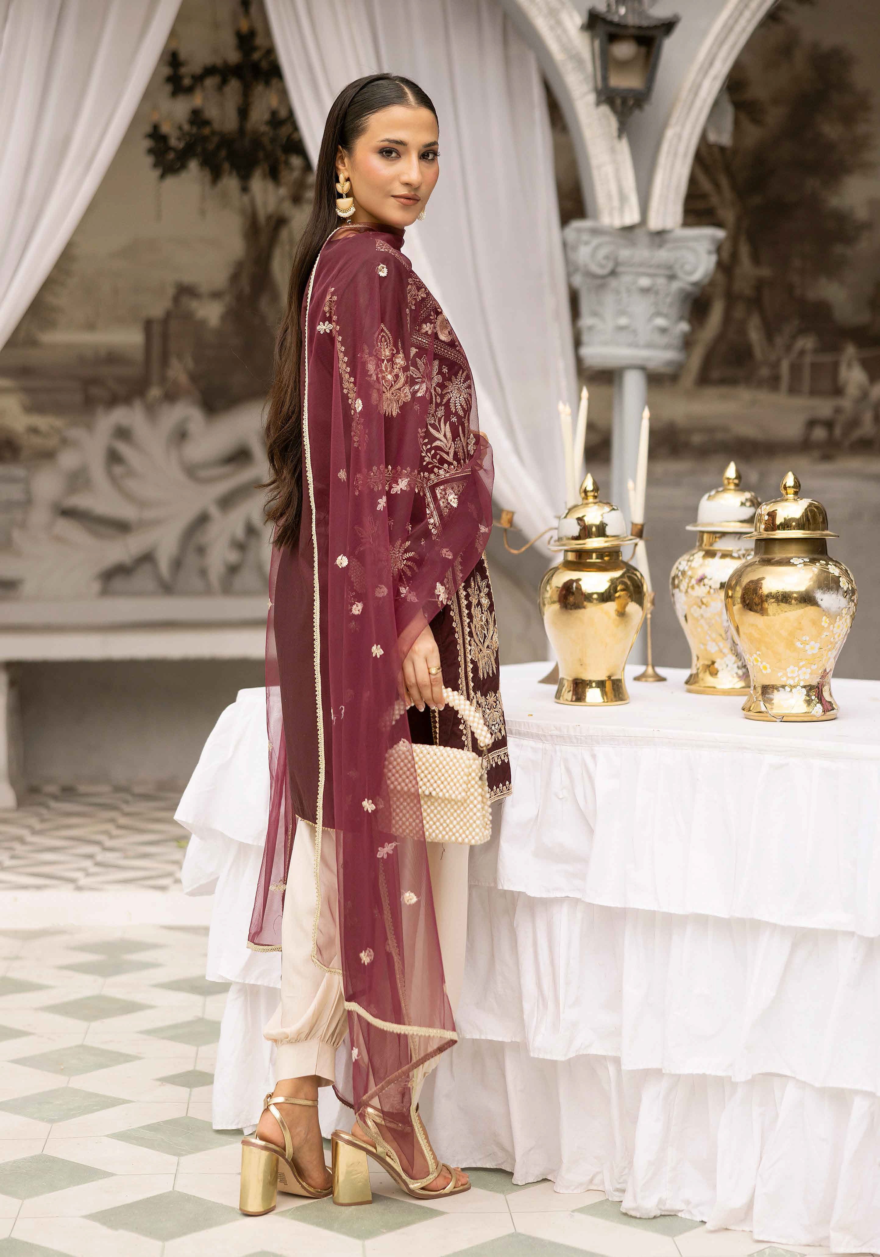 Maroon Luxury Embroidered 3-Piece Suit with Organza Dupatta & Tulip Shalwar