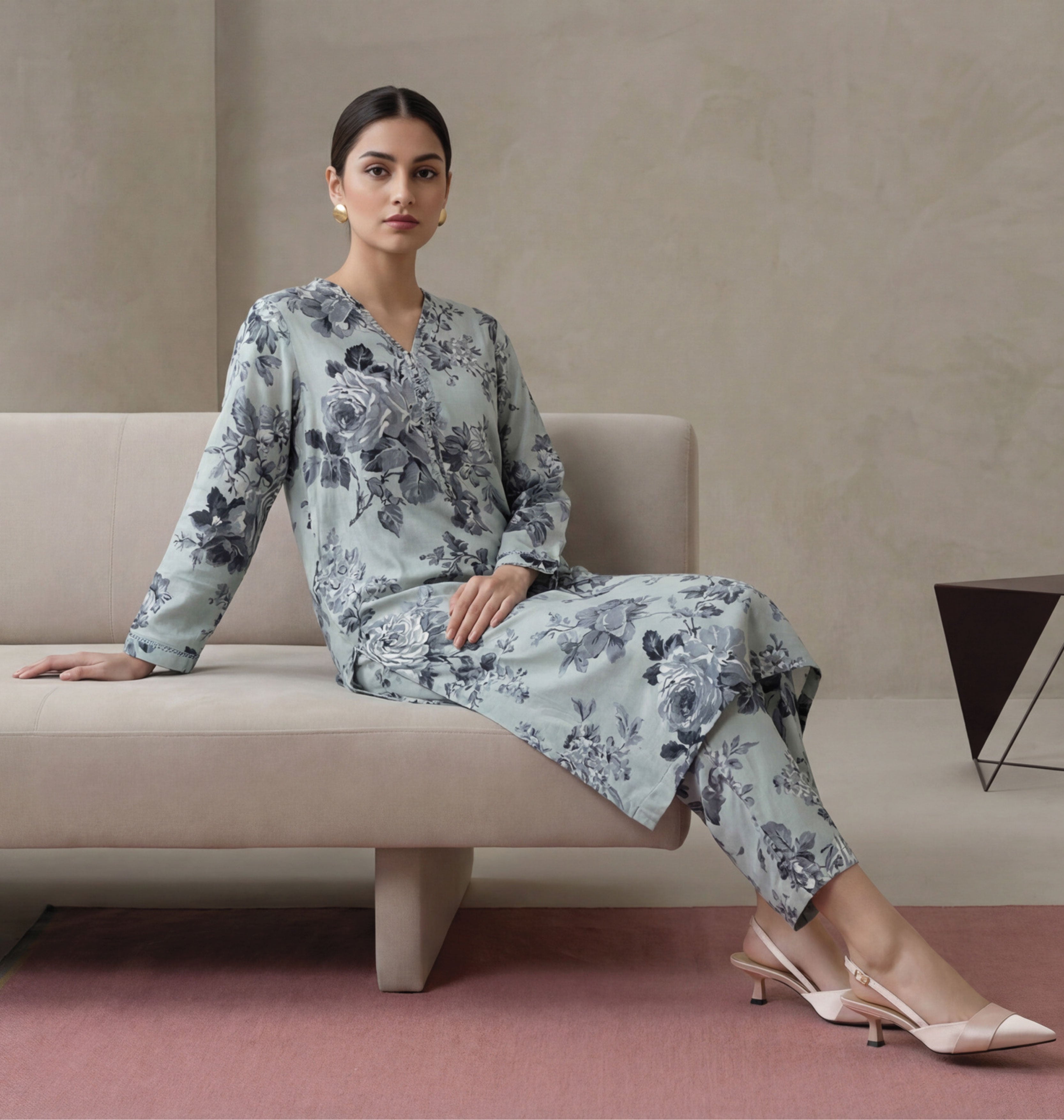 Silver Sage Linen Stitched Staple Digital print suit