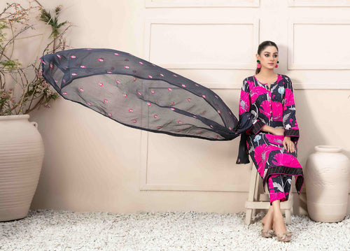 Black and Hot Pink Floral 3-Piece Suit with Embroidered Chiffon Dupatta