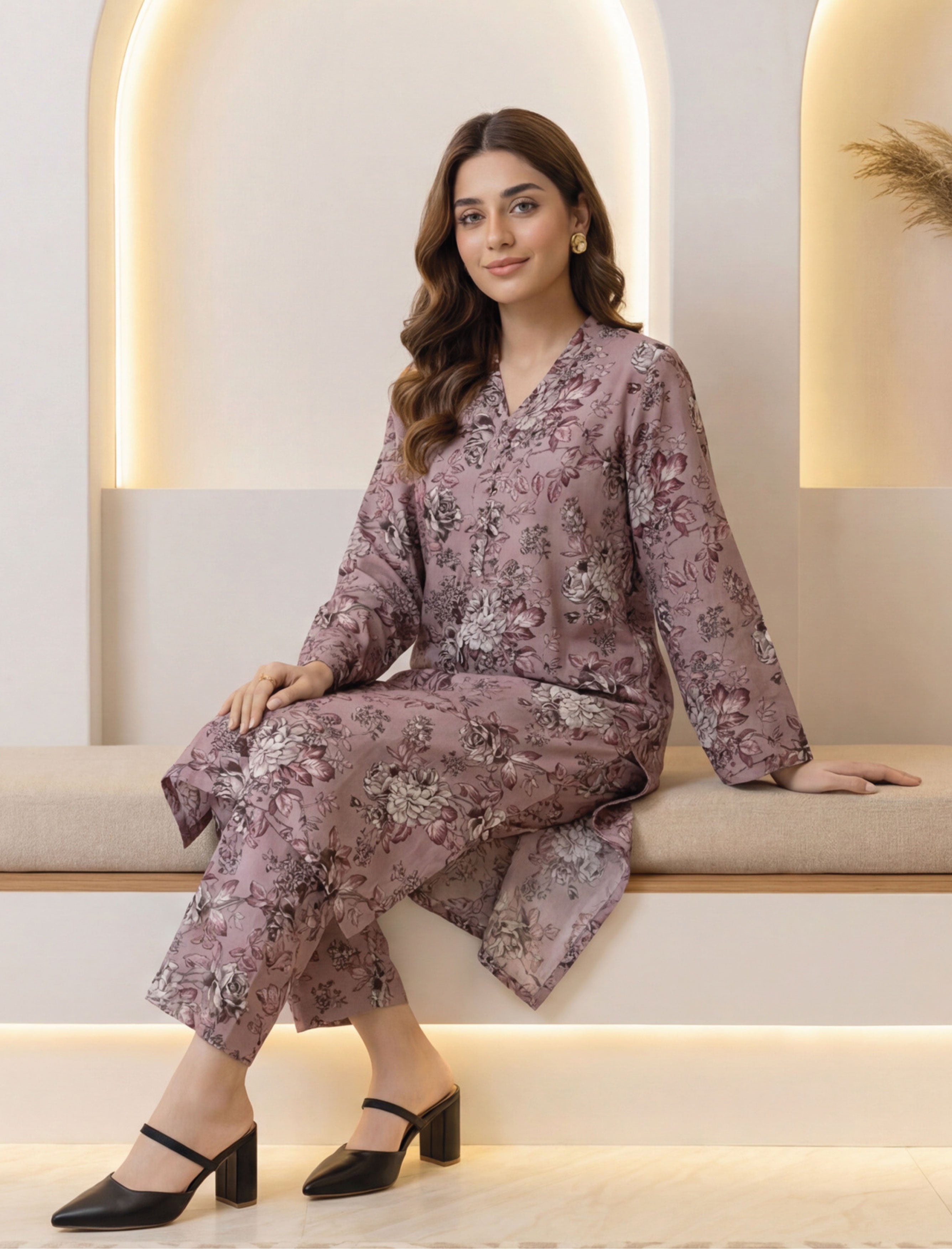 Rose Beige Linen Stitched Staple Digital print suit