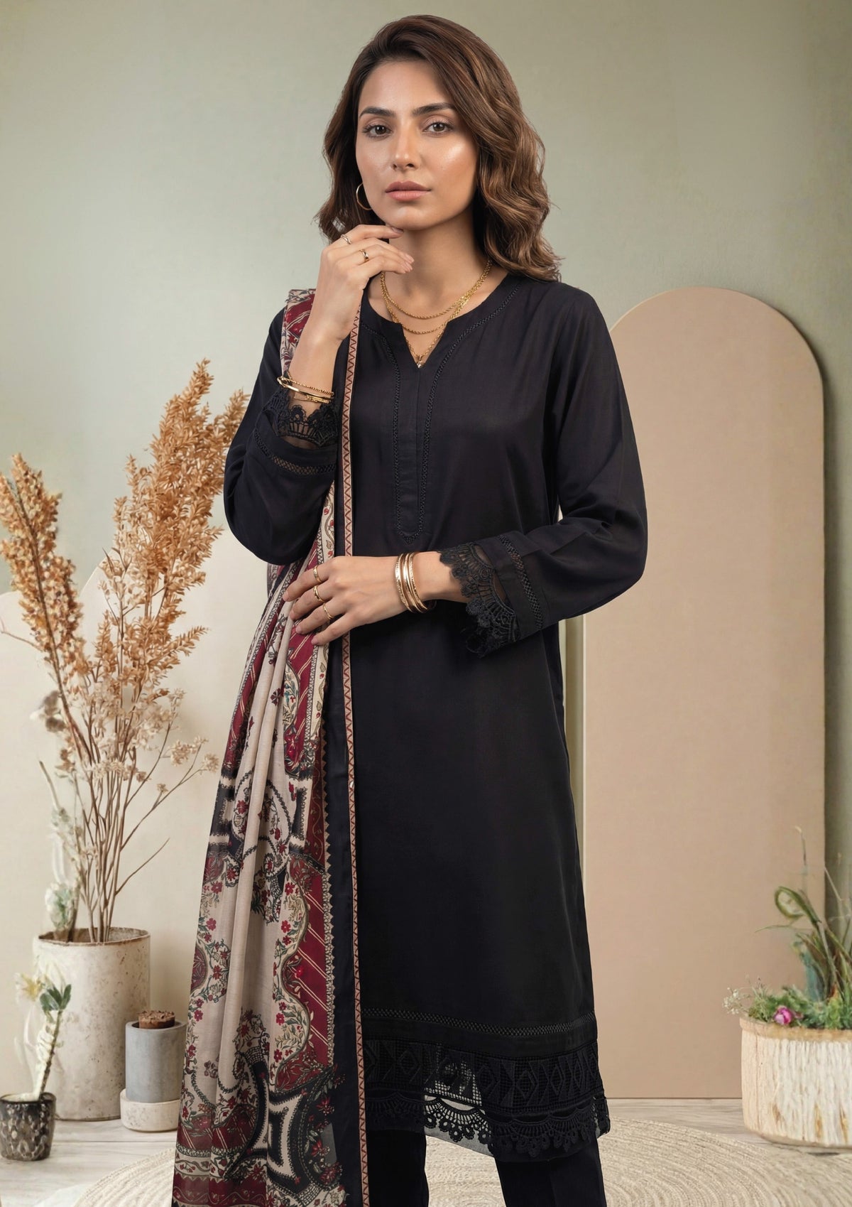 Black Embroidered 3-Piece Cross Slub Suit with Digital Print Dupatta