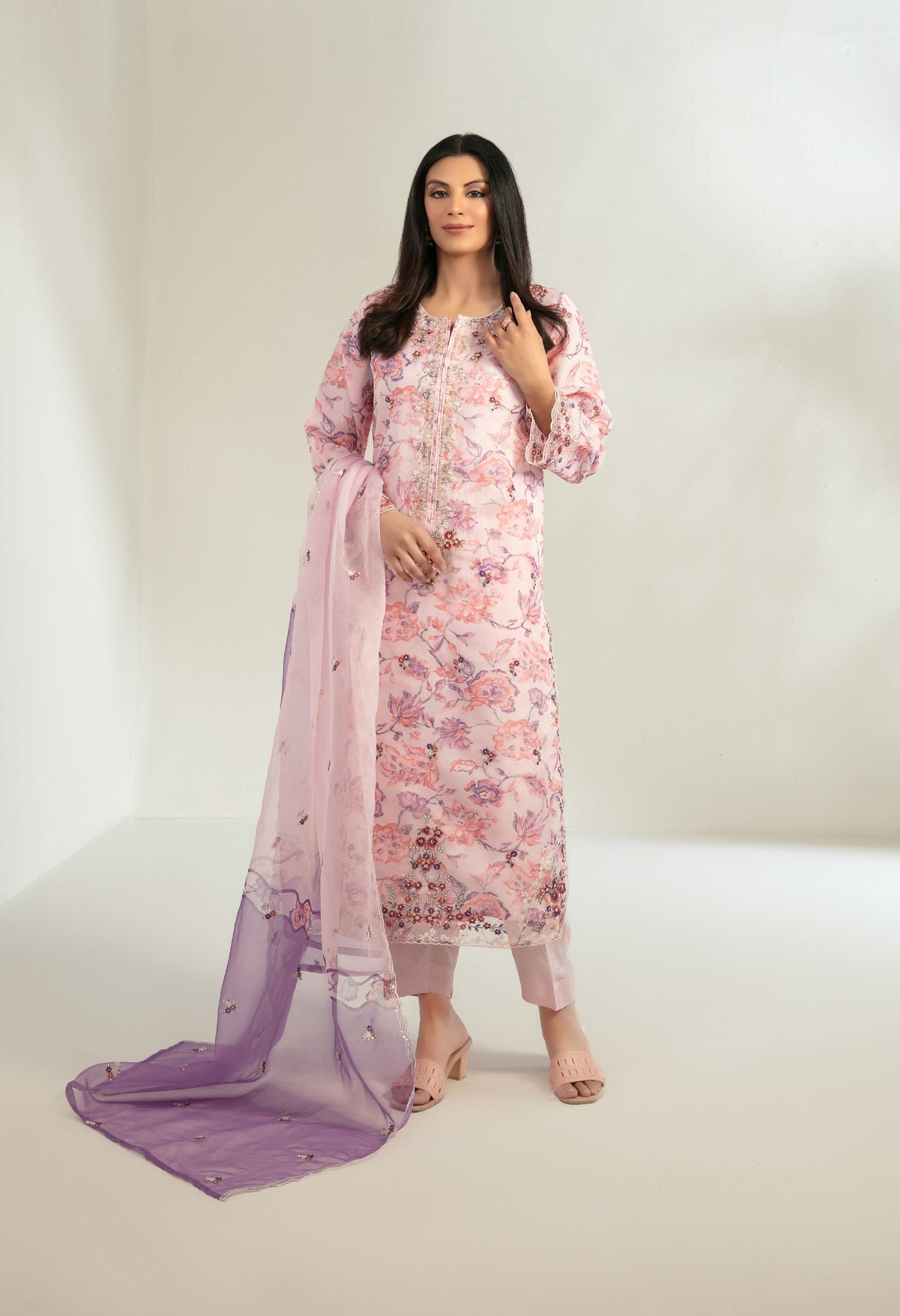 Peach Blush Stitched Fancy Embrioderd organza suit