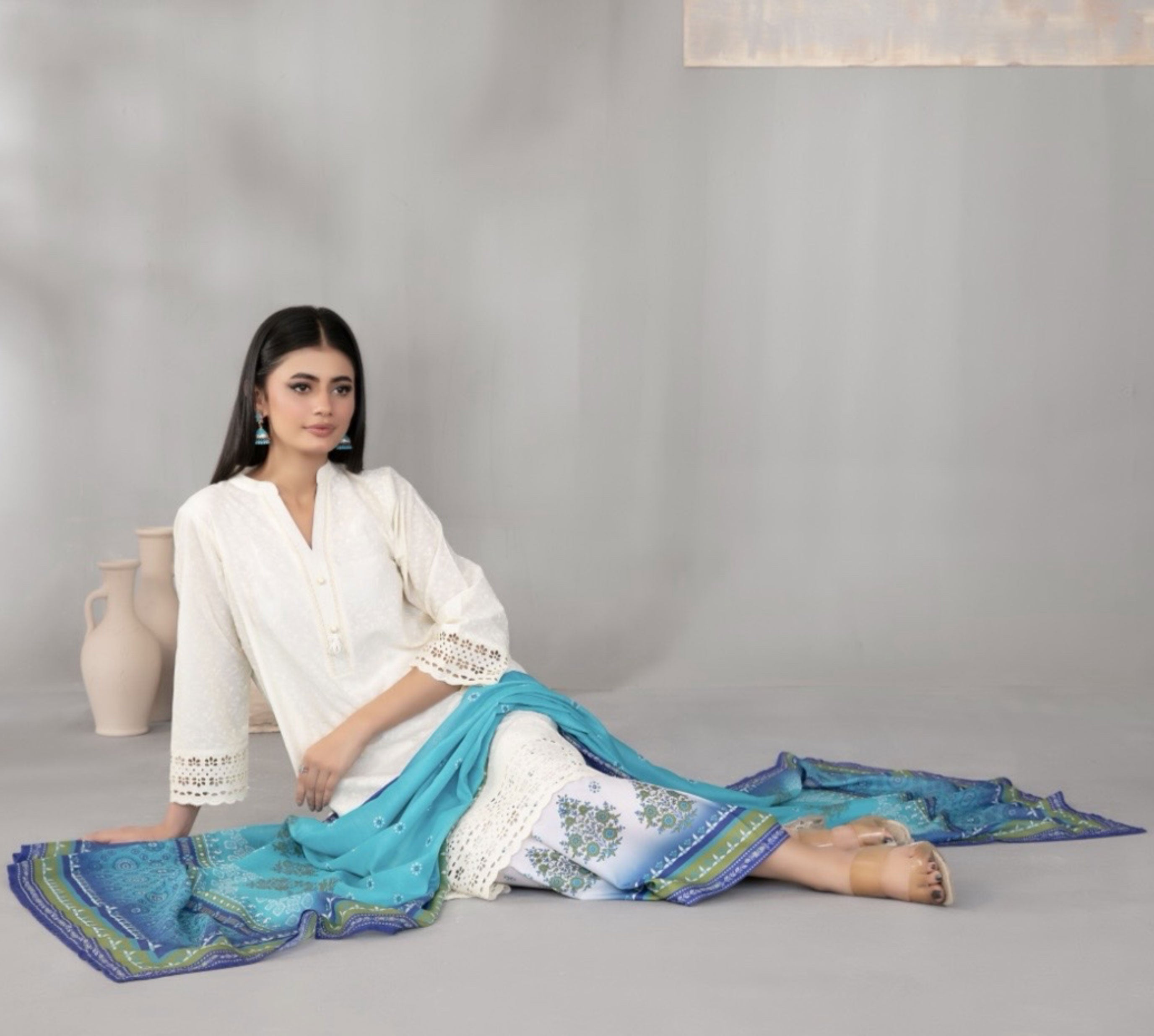 Vanilla Beige Embroidered Schiffli Lawn with Digital Printed Dupatta