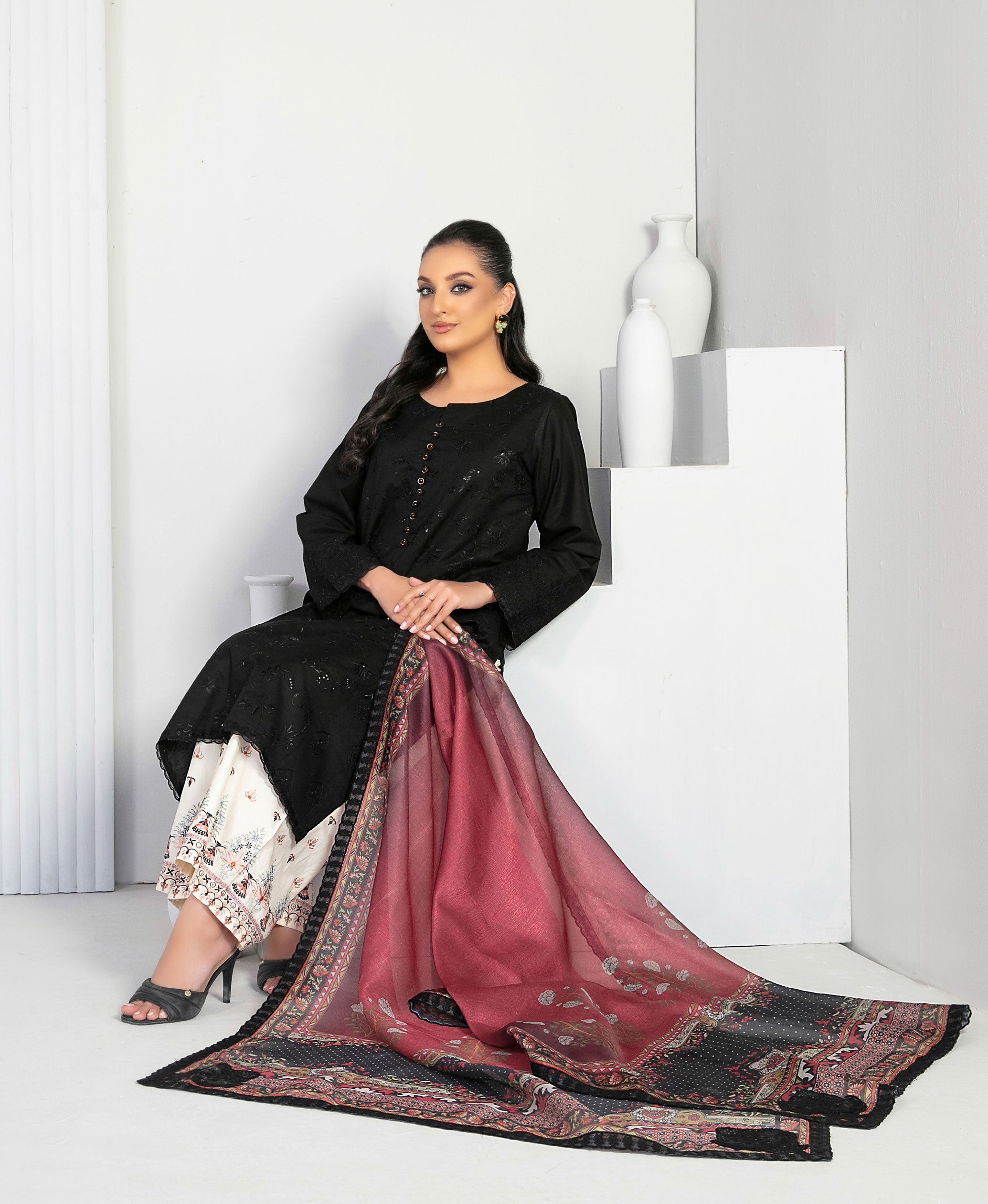 Black Fancy Embroidered Lawn with Digital Print Dupatta