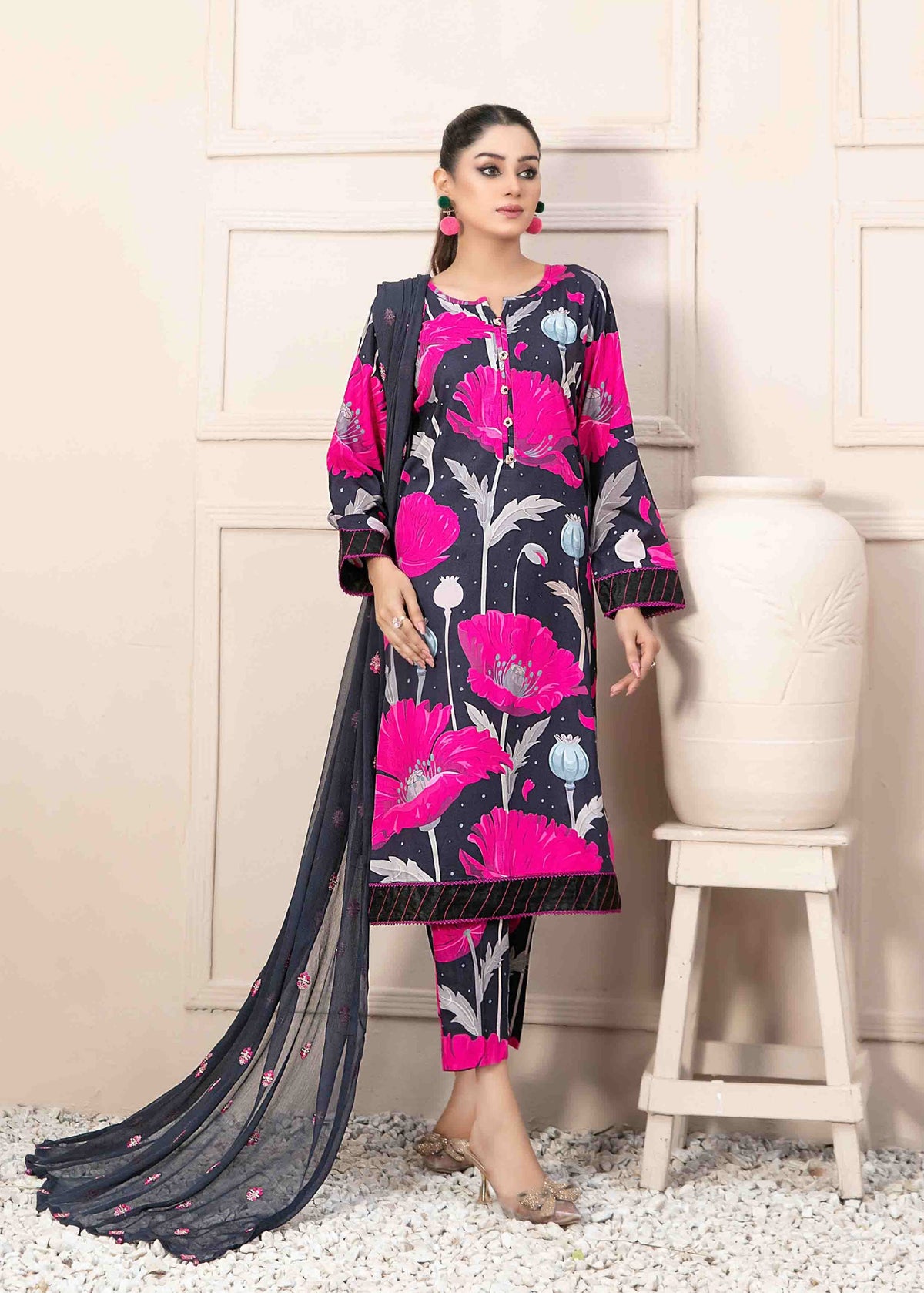 Black and Hot Pink Floral 3-Piece Suit with Embroidered Chiffon Dupatta