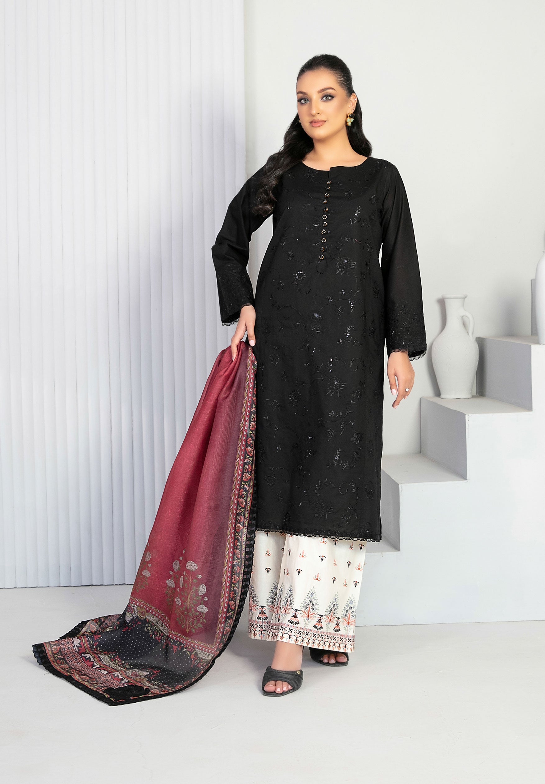 Black Fancy Embroidered Lawn with Digital Print Dupatta