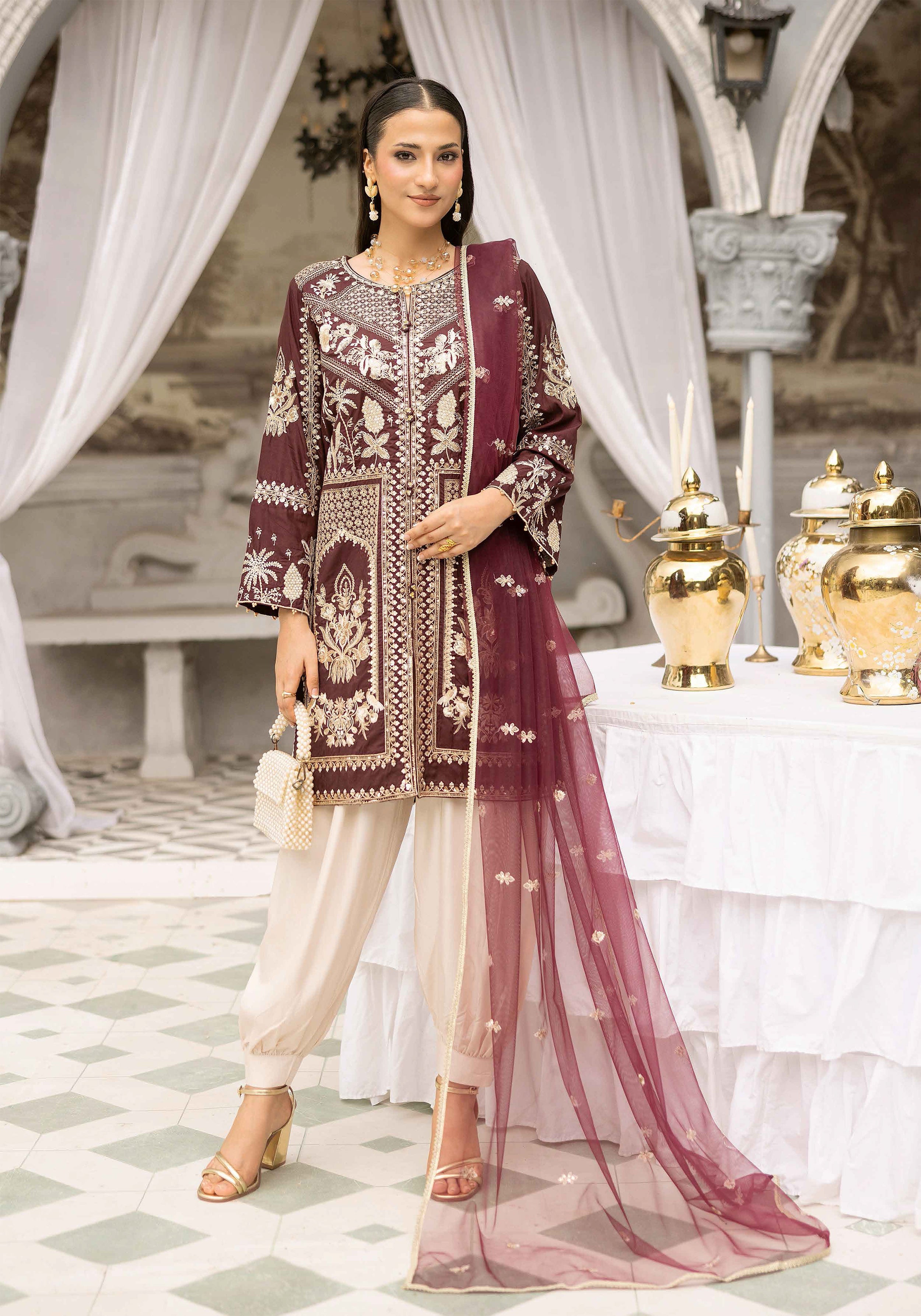 Maroon Luxury Embroidered 3-Piece Suit with Organza Dupatta & Tulip Shalwar
