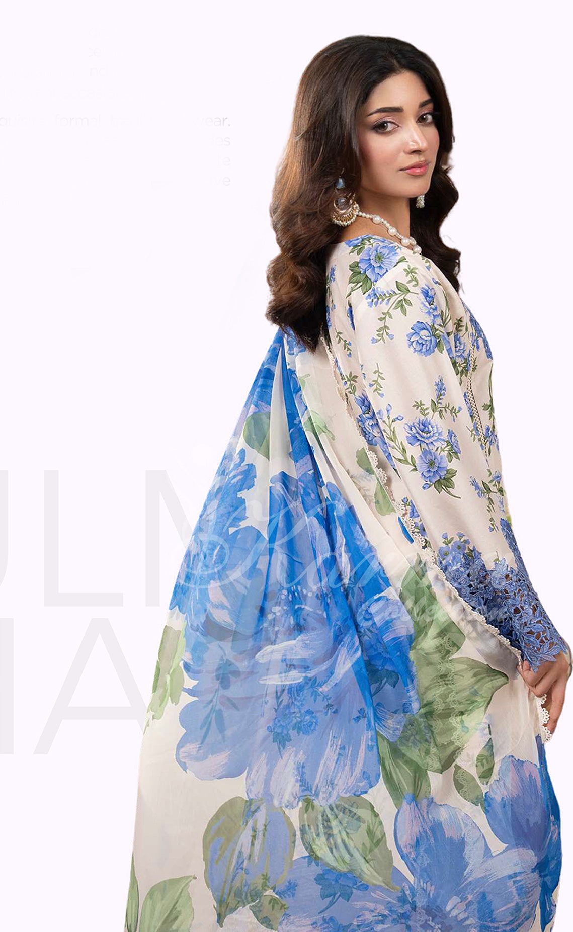 Bluebell Ivory Embroidered Lawn Suit with Floral Printed Dupatta & Farshi Shalwar