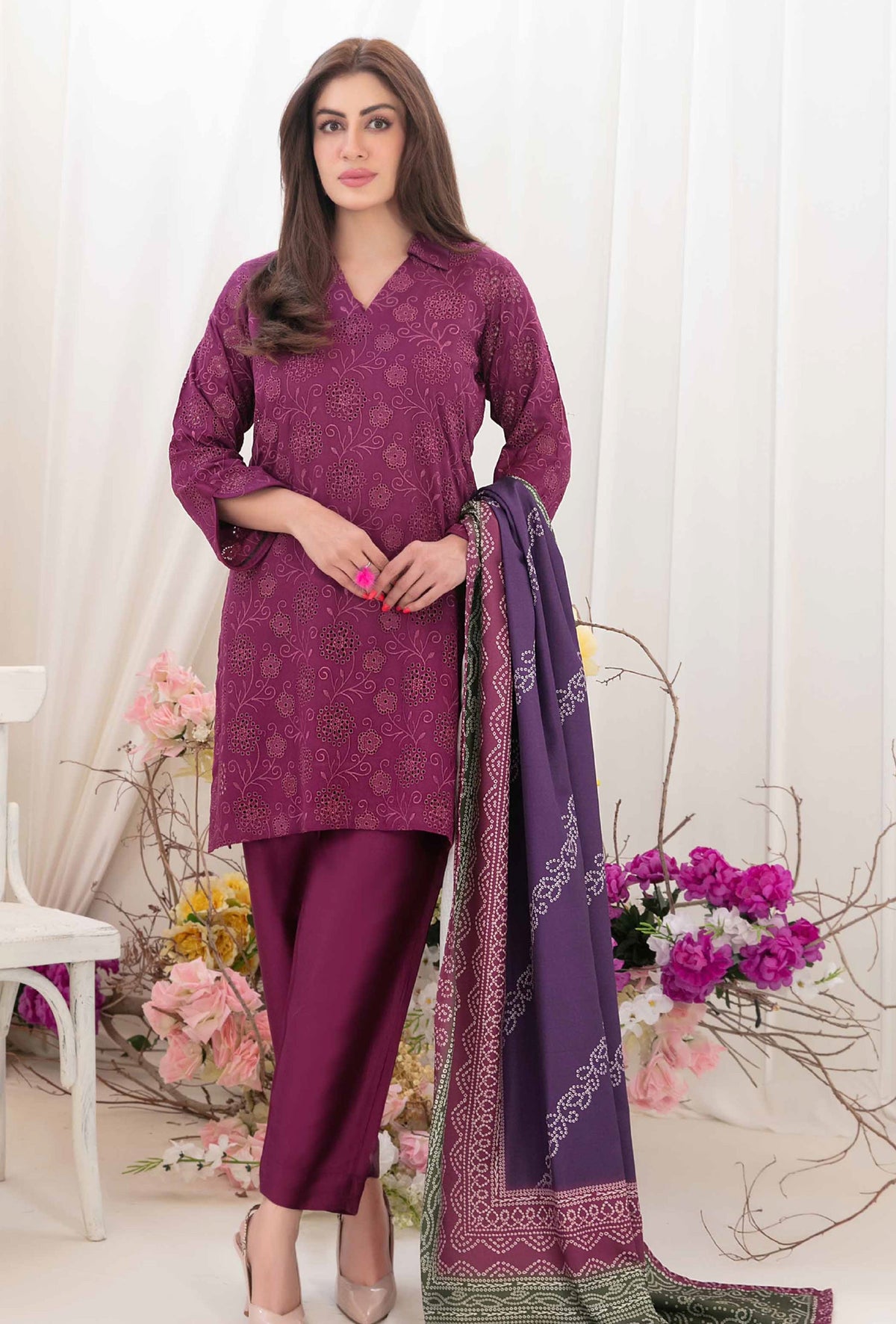Plum Purple Embroidered Shirt with Digital Printed Shawl Dupatta