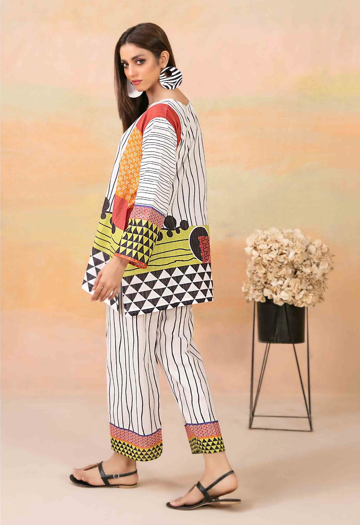White and Black Striped Khaddar 2-Piece Suit with Multicolor Geometric Prints
