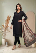 Black Embroidered 3-Piece Cross Slub Suit with Digital Print Dupatta
