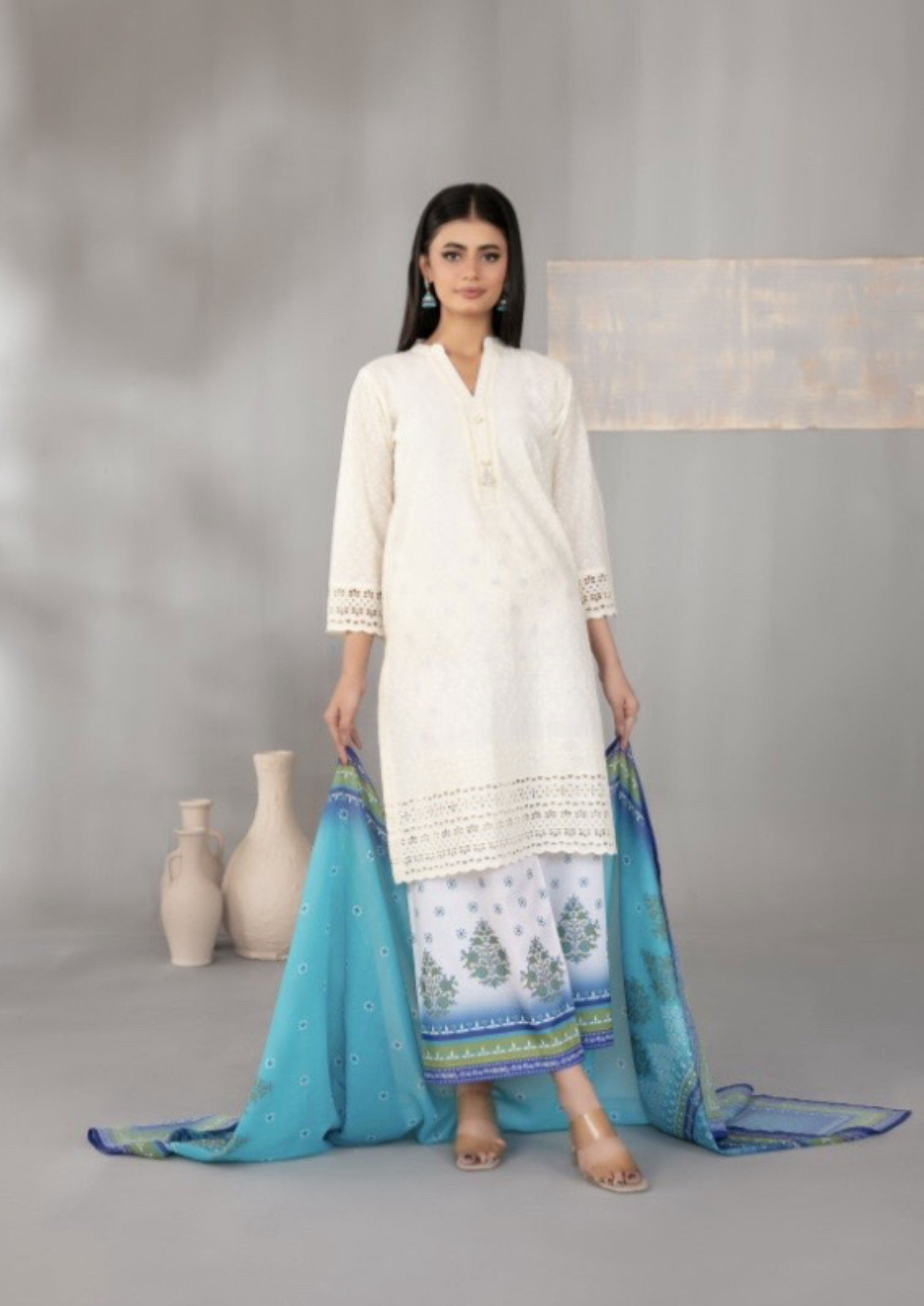 Vanilla Beige Embroidered Schiffli Lawn with Digital Printed Dupatta