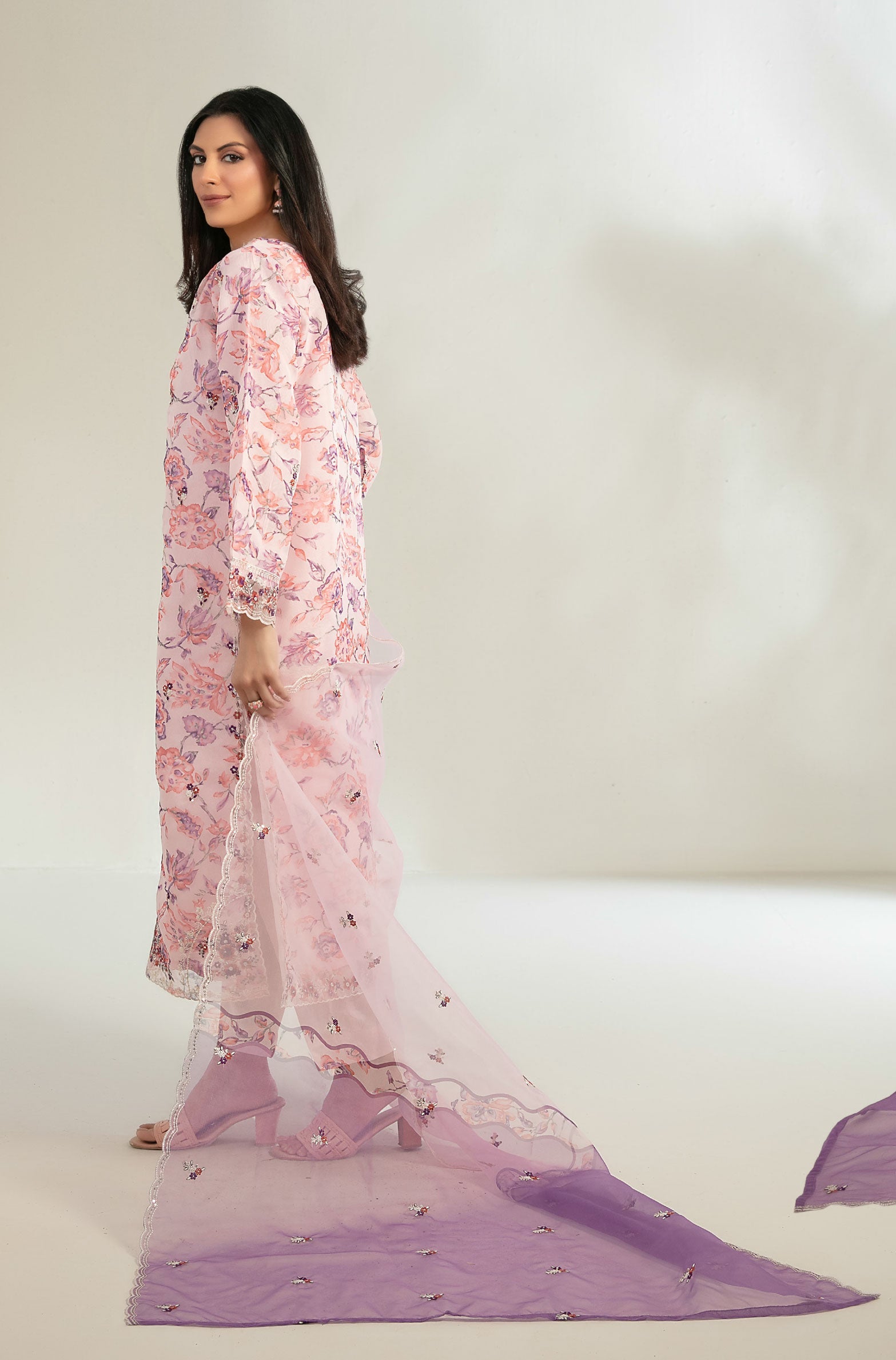 Peach Blush Stitched Fancy Embrioderd organza suit