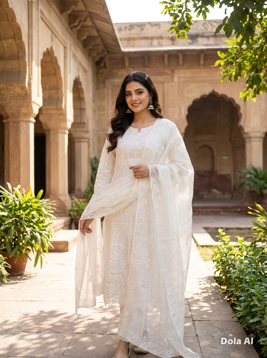 Maria b inspired white 3pc outfit with white thread embroidery and chiffon scarf