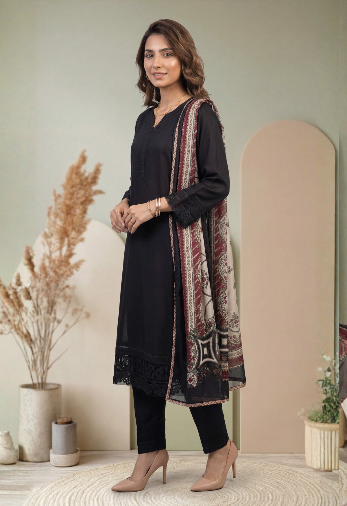 Black Embroidered 3-Piece Cross Slub Suit with Digital Print Dupatta