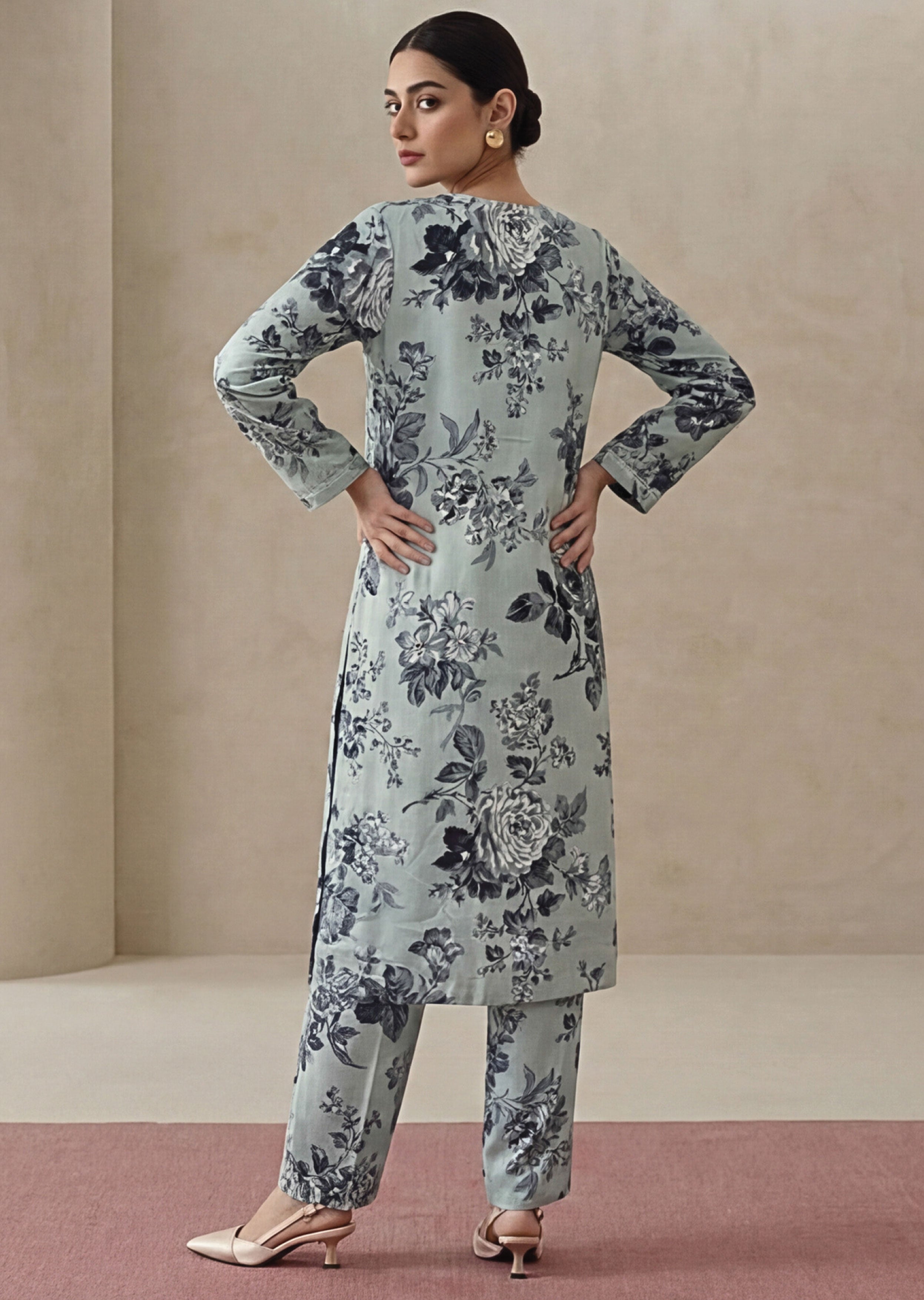 Silver Sage Linen Stitched Staple Digital print suit