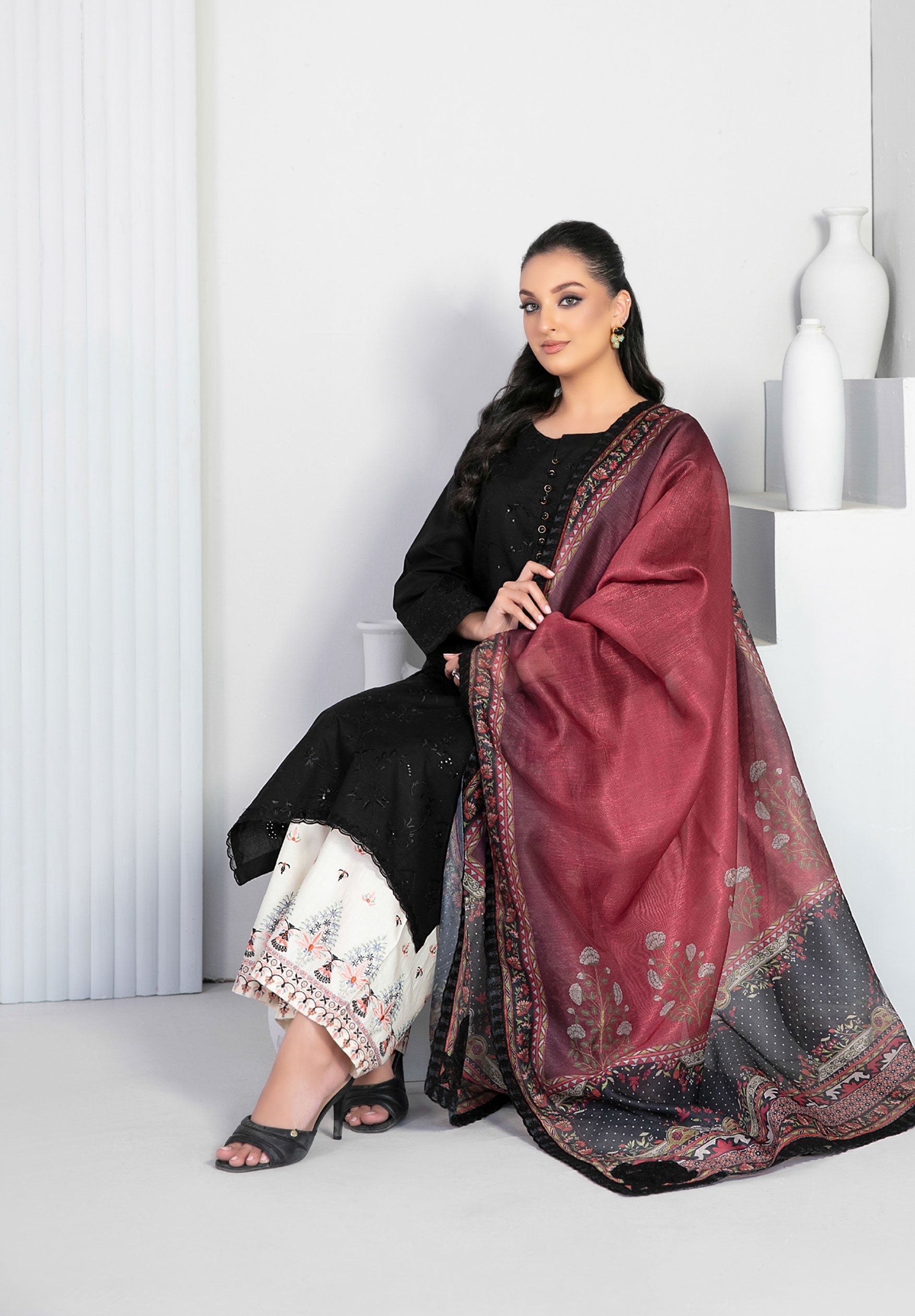 Black Fancy Embroidered Lawn with Digital Print Dupatta