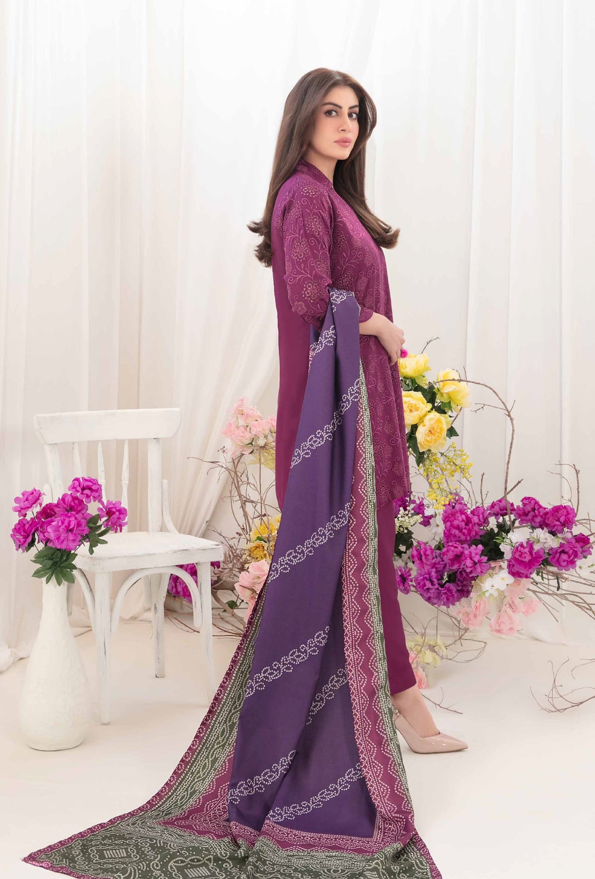 Plum Purple Embroidered Shirt with Digital Printed Shawl Dupatta