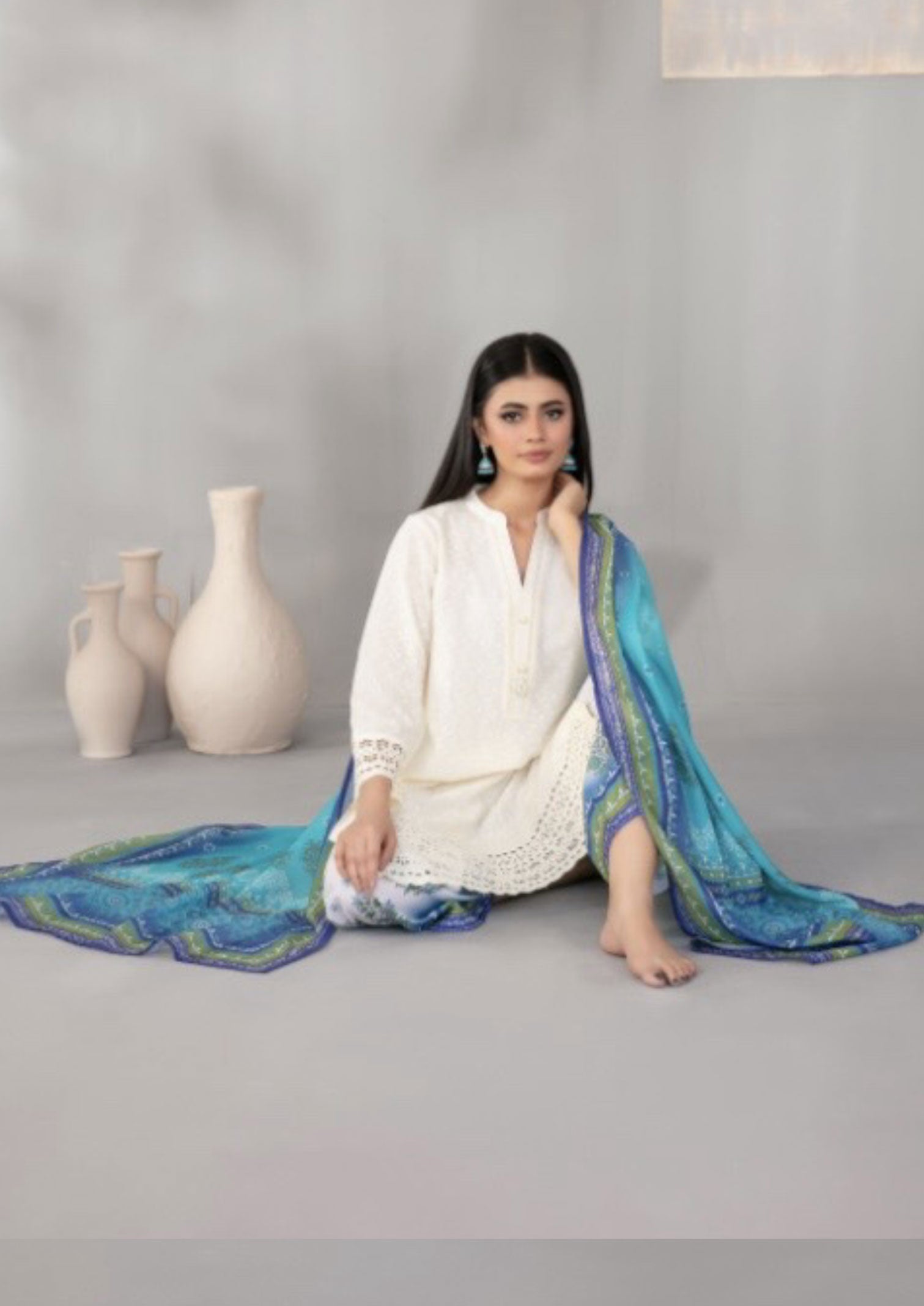 Vanilla Beige Embroidered Schiffli Lawn with Digital Printed Dupatta