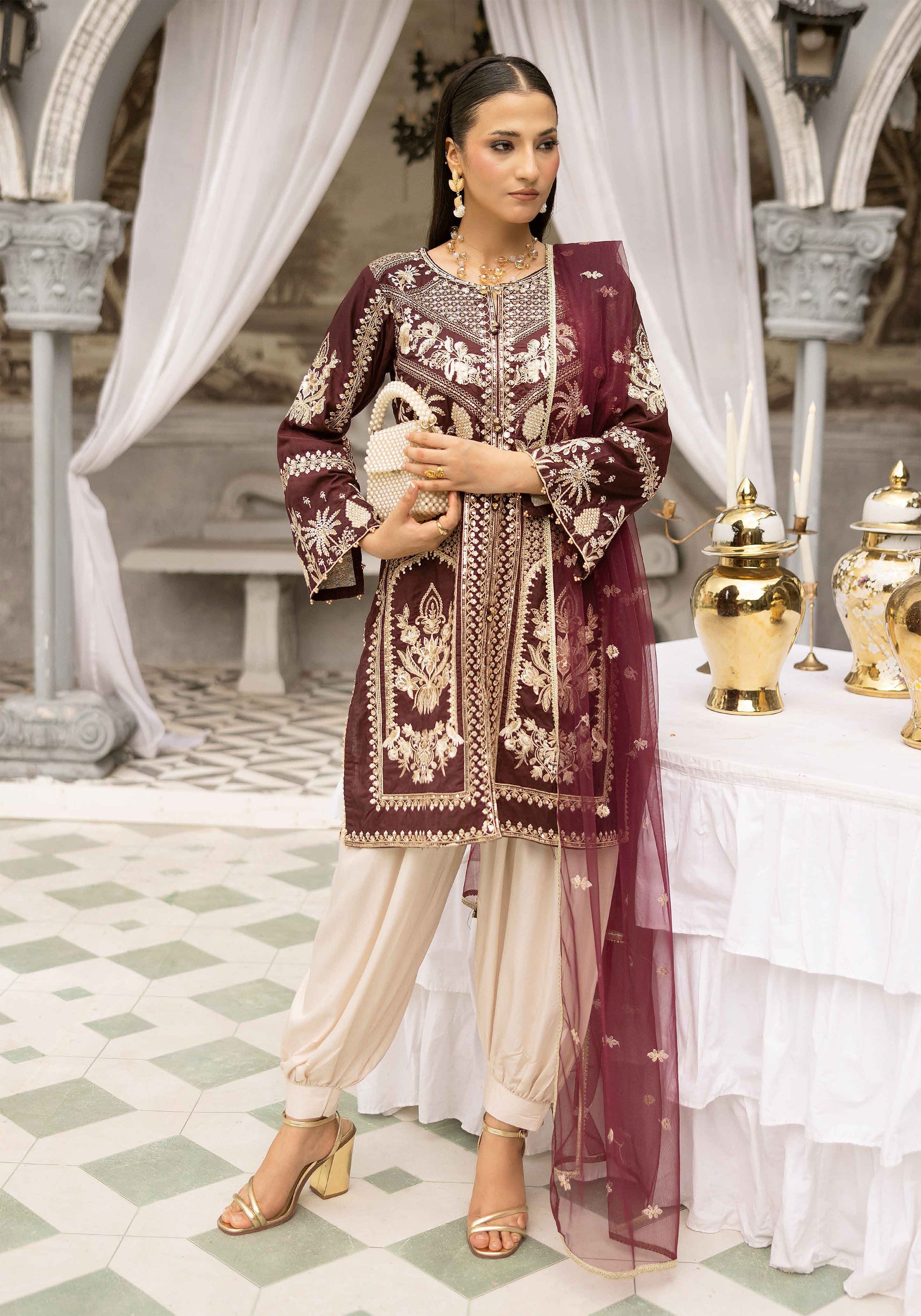 Maroon Luxury Embroidered 3-Piece Suit with Organza Dupatta & Tulip Shalwar