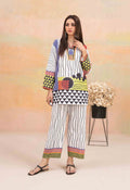 White and Black Striped Khaddar 2-Piece Suit with Multicolor Geometric Prints