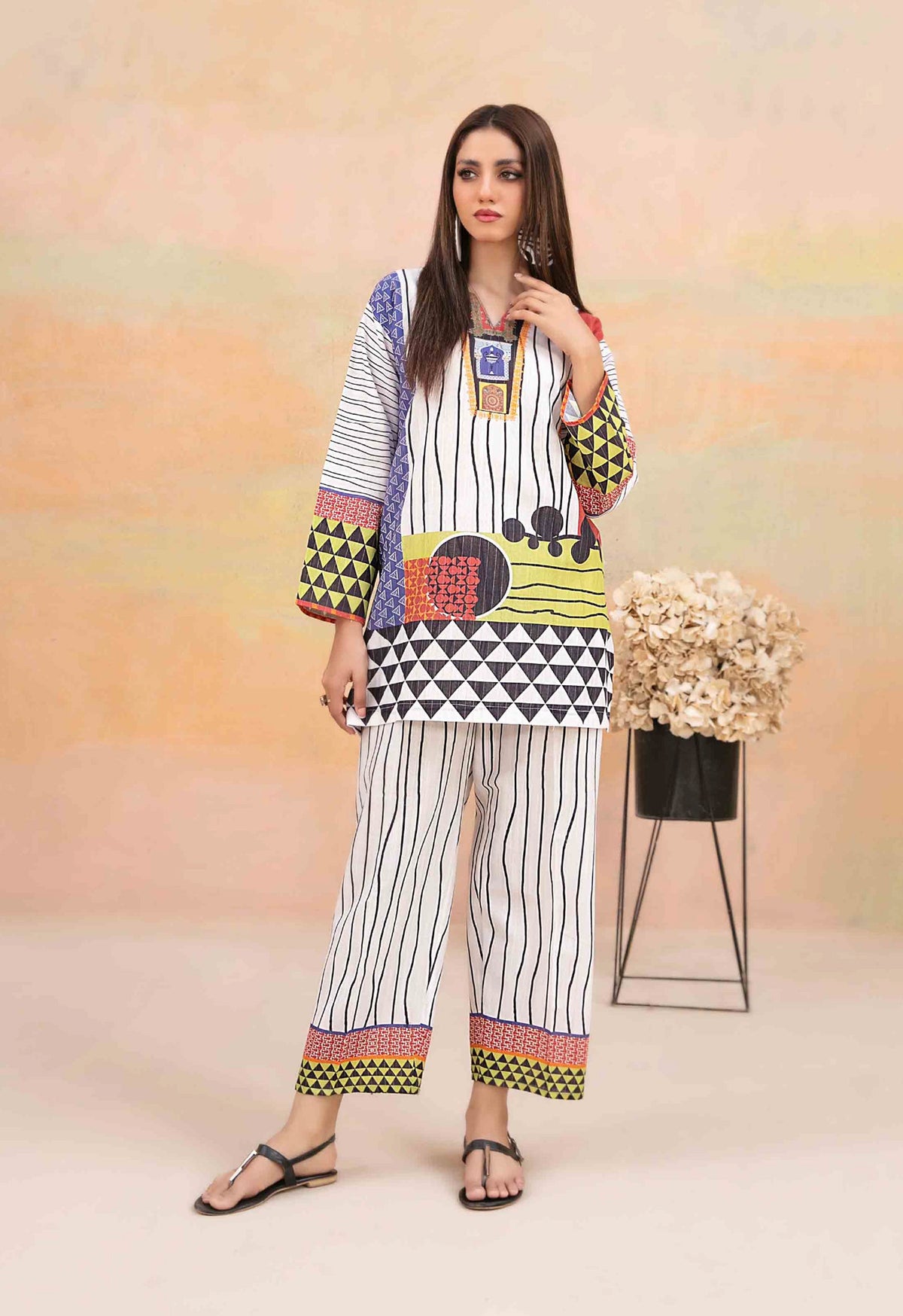 White and Black Striped Khaddar 2-Piece Suit with Multicolor Geometric Prints