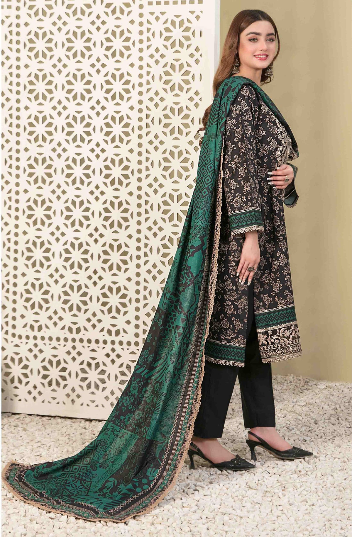 Black and Emerald Green Embroidered Khaddar 3-Piece Suit with Printed Dupatta