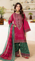 Cerise Pink Embroidered Lawn Suit with Printed Trouser & Chiffon Dupatta