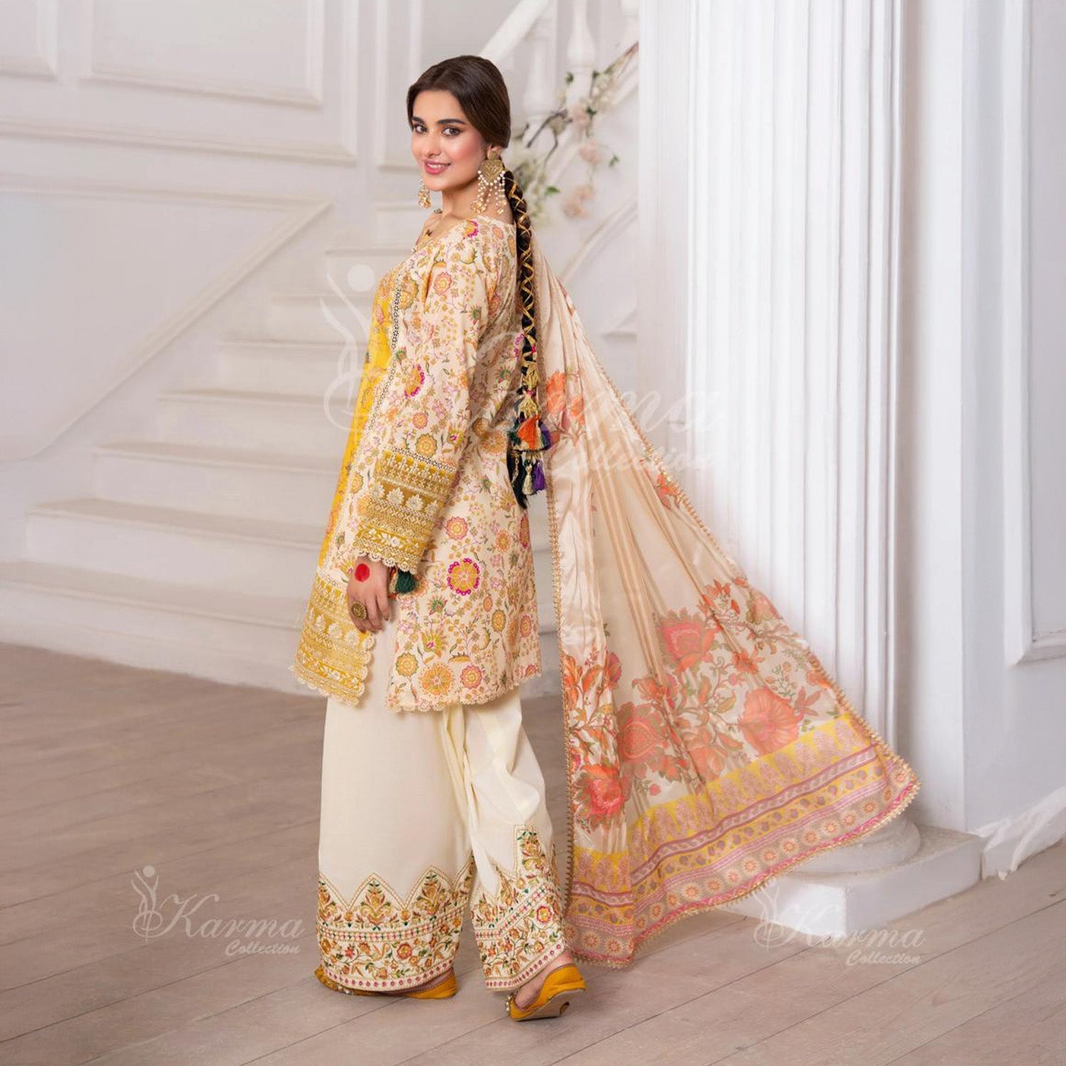 Karma Yellow 3pc Outfit With Silk Duppata