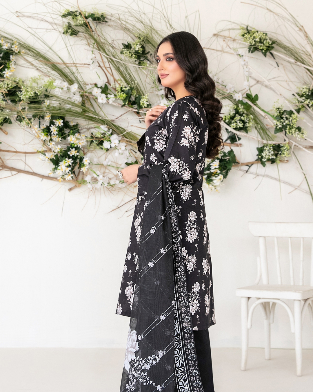 Black & White Floral Printed Suit with Monochrome Dupatta