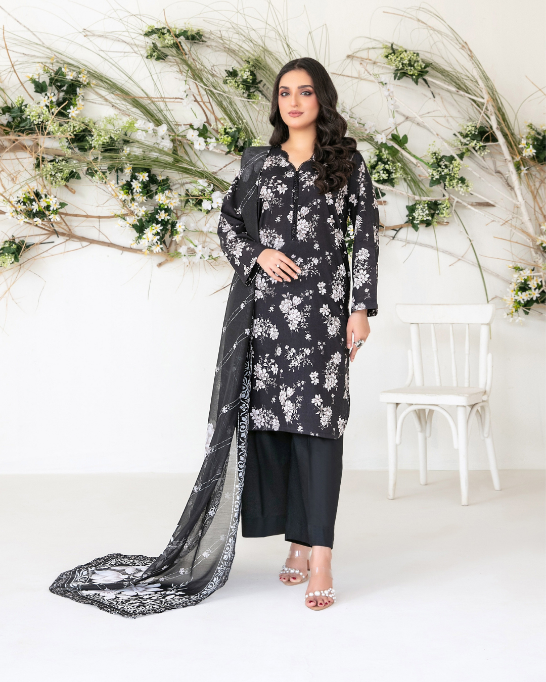 Black & White Floral Printed Suit with Monochrome Dupatta