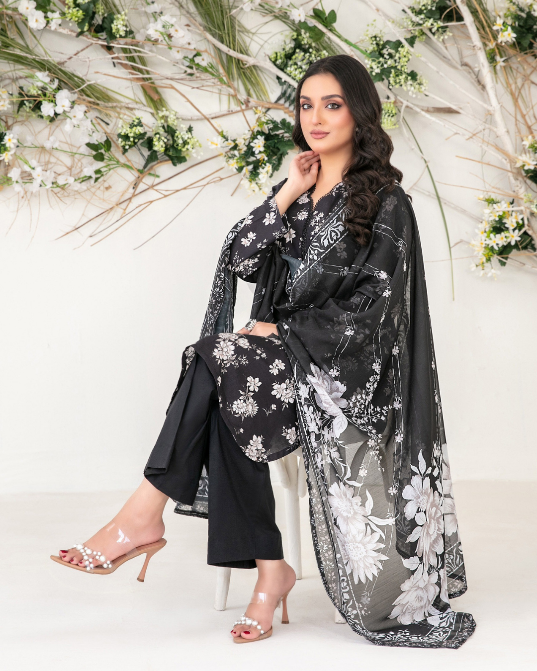 Black & White Floral Printed Suit with Monochrome Dupatta
