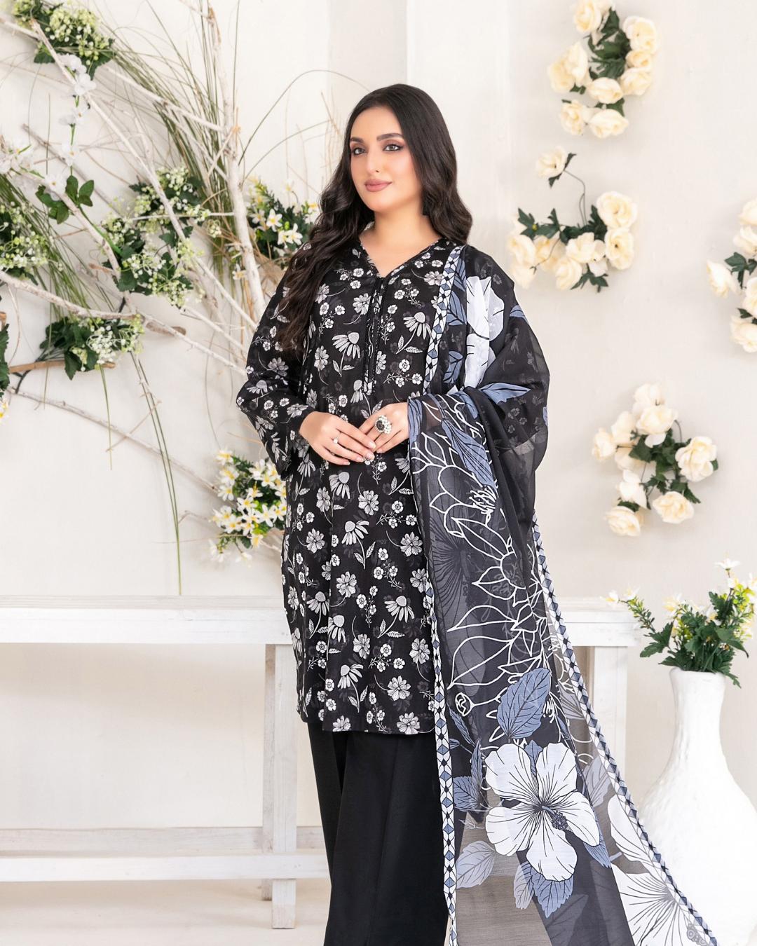 Black & White Floral Printed Suit with Monochrome Dupatta