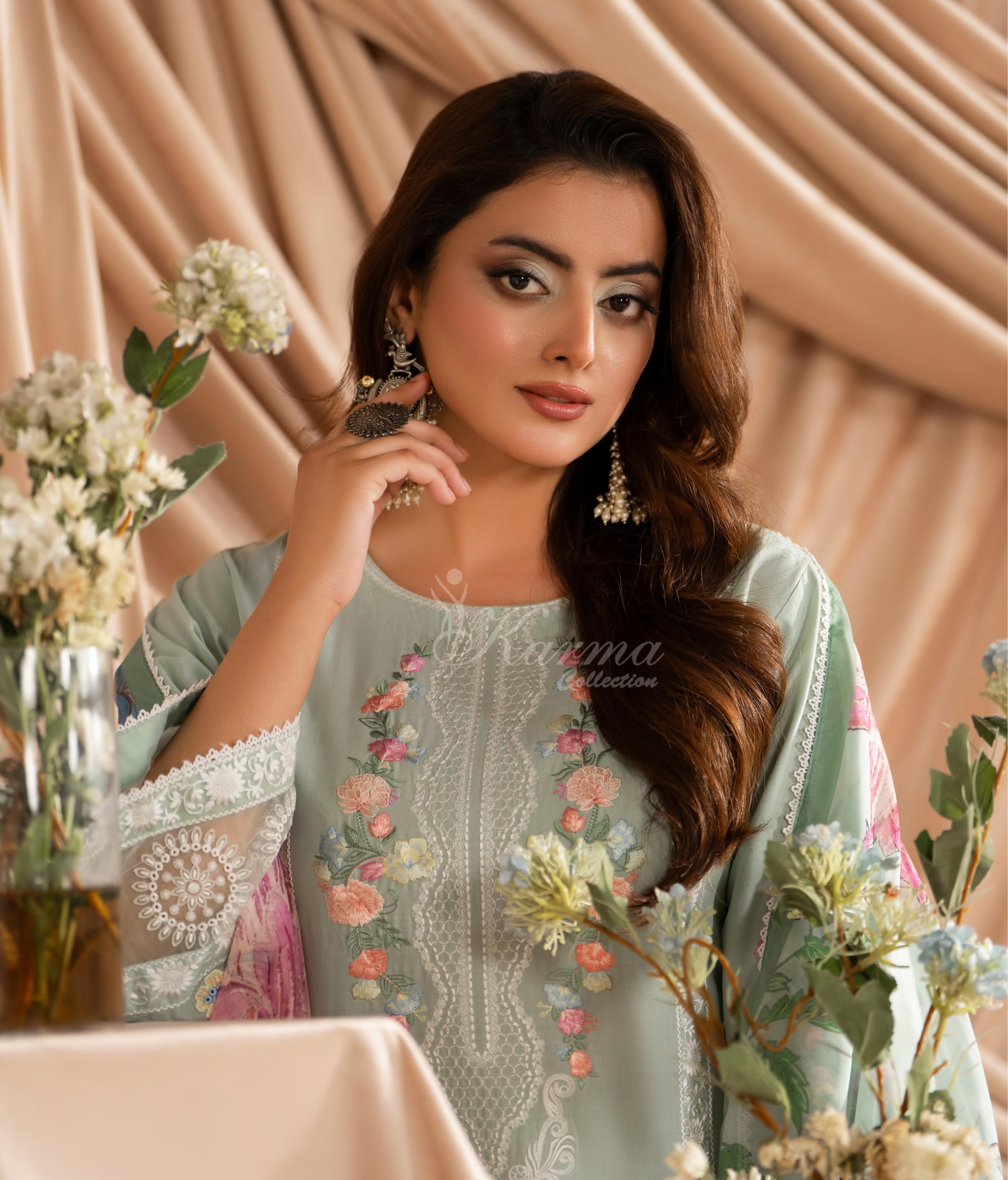 Soft Green Karma Signature Embroidered 3 Piece suit
