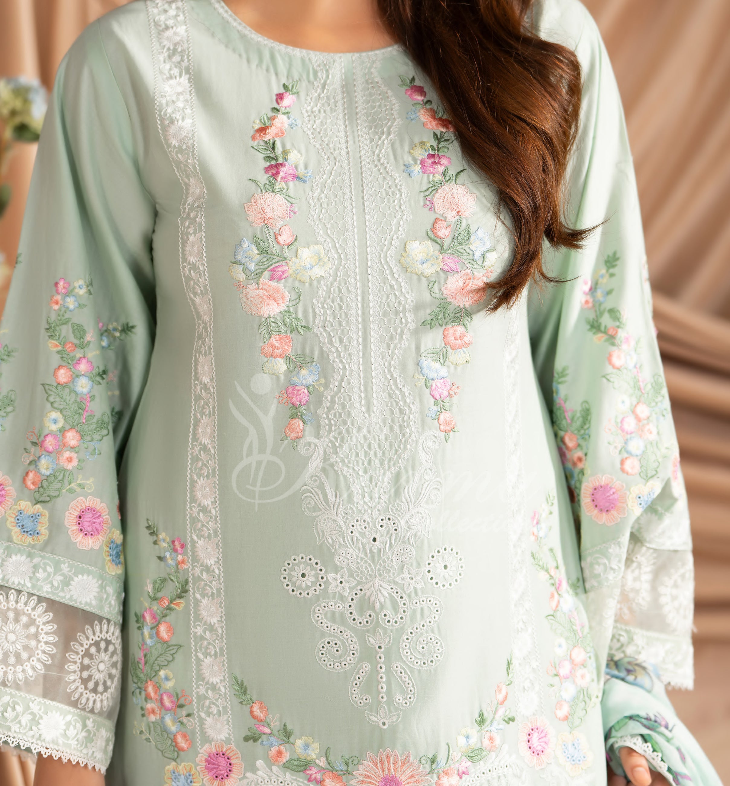Soft Green Karma Signature Embroidered 3 Piece suit