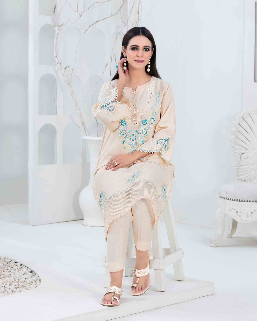 Beige Embroidered Slub Linen 2-Piece Suit