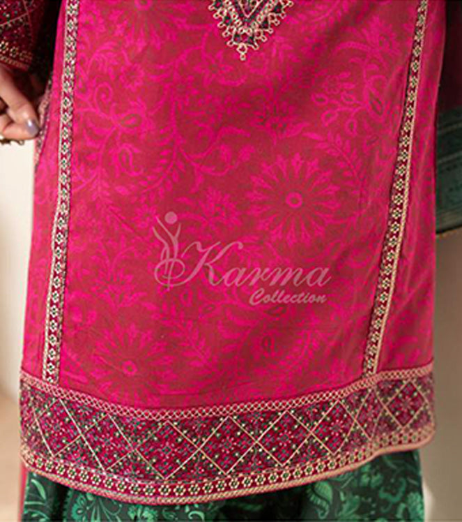 Cerise Pink Embroidered Lawn Suit with Printed Trouser & Chiffon Dupatta