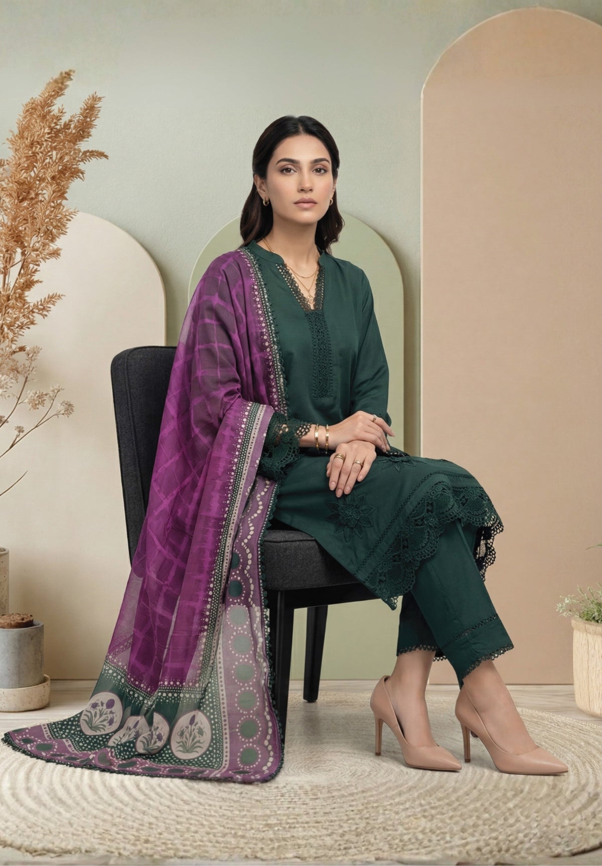 Deep Green Embroidered 3-Piece Suit with Purple Digital Print Dupatta