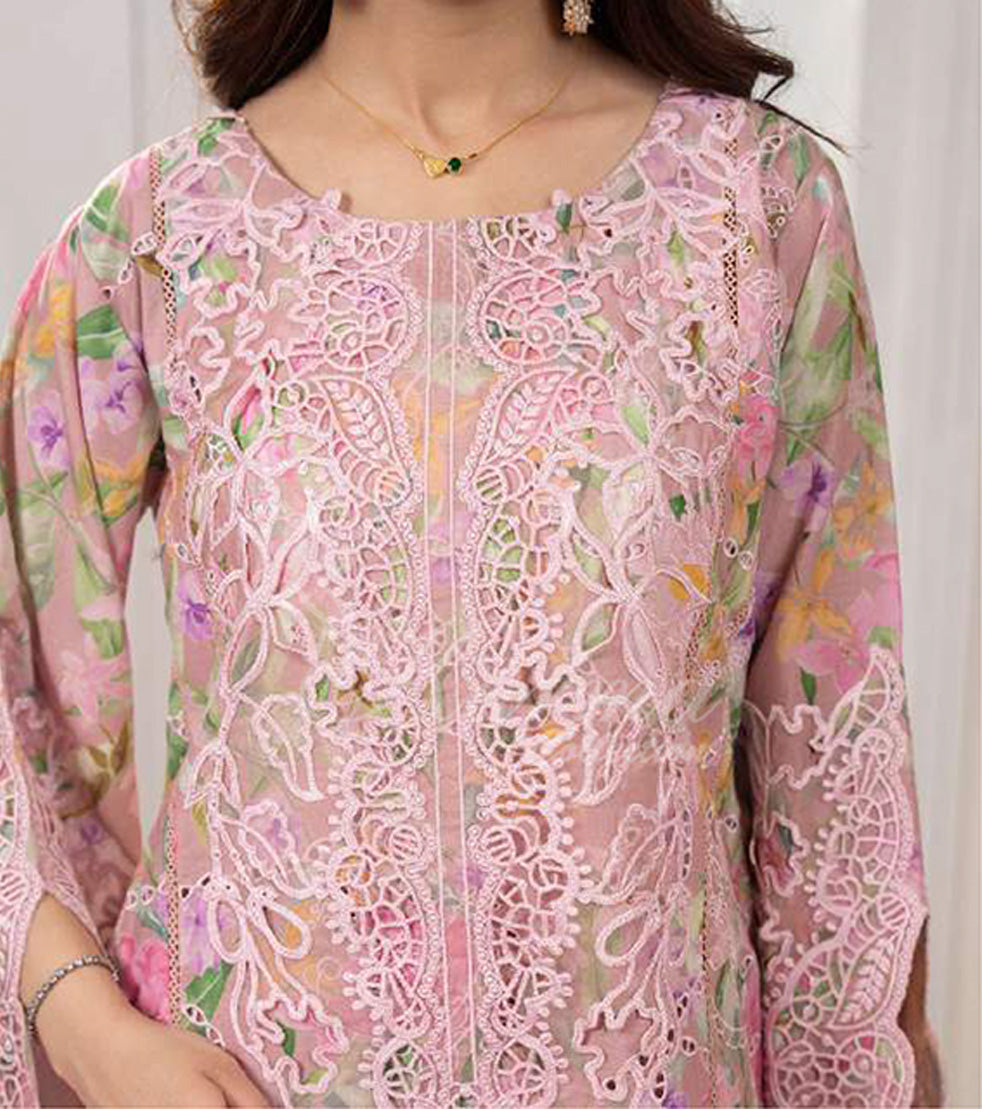 Vintage Rose Embroidered Lawn Suit with Floral Printed Dupatta & Farshi Shalwar