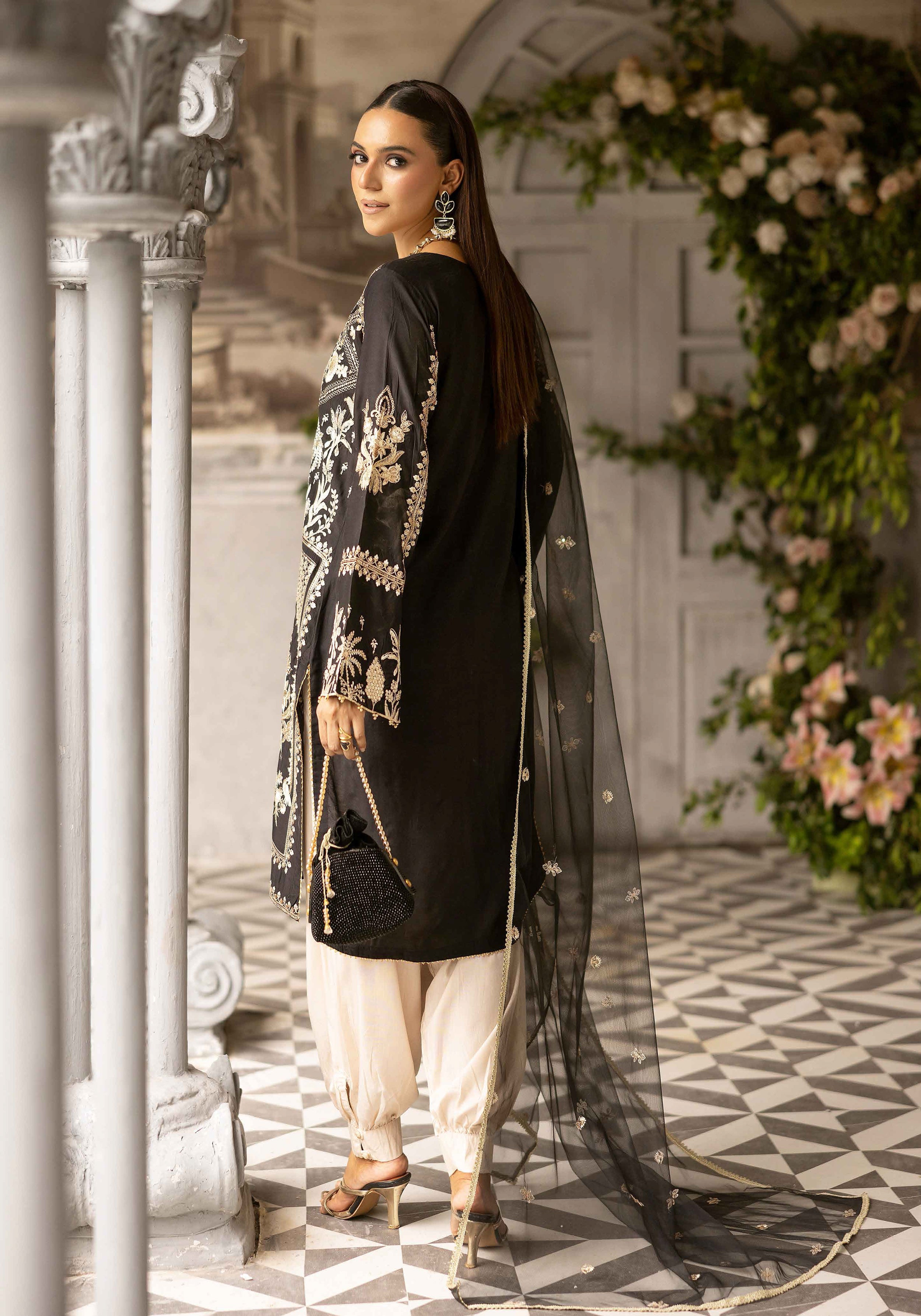 Black Luxury Embroidered 3-Piece Suit with Organza Dupatta & Tulip Shalwar