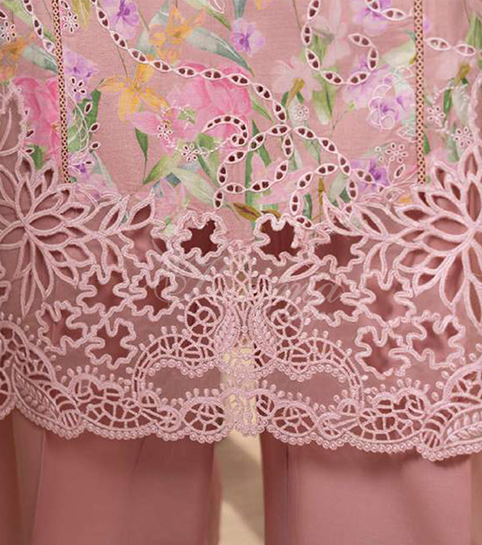 Vintage Rose Embroidered Lawn Suit with Floral Printed Dupatta & Farshi Shalwar
