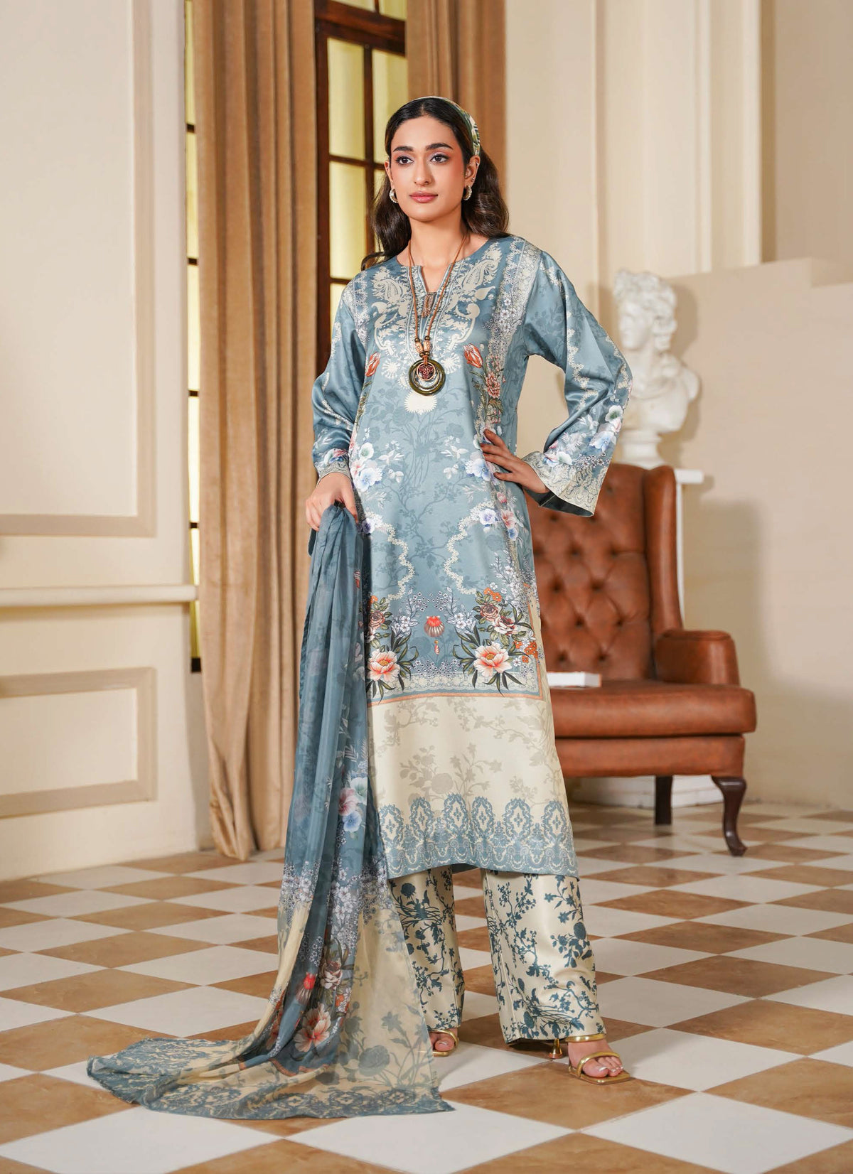Dusty Blue Floral Printed 3-Piece Suit with Cream Borders