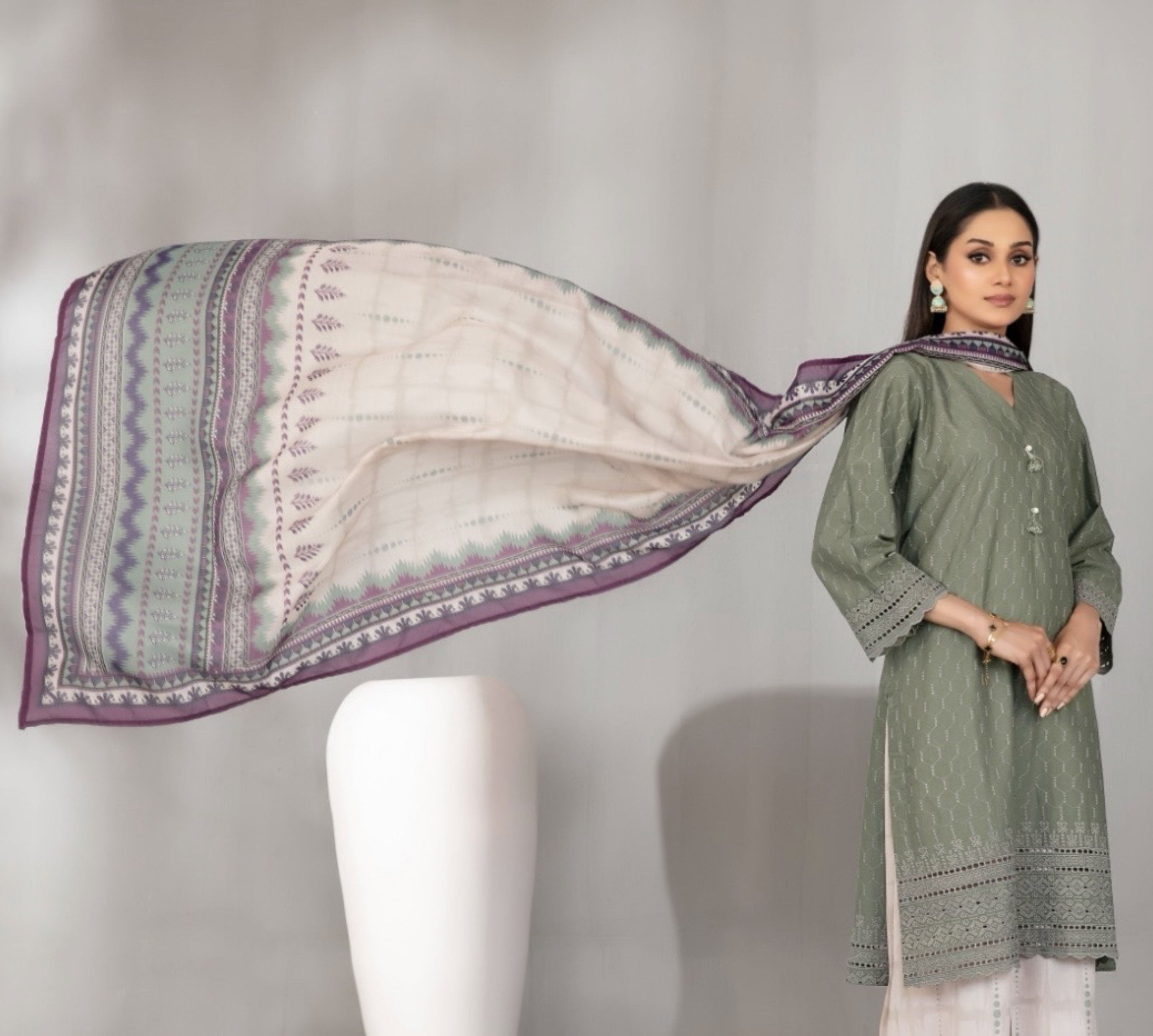 Dusty Olive Embroidered Schiffli Lawn with Digital Printed Dupatta