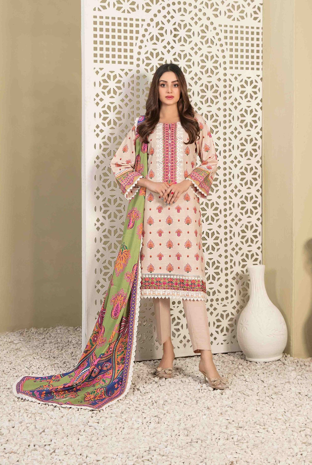 Beige Khaddar Embroidered 3-Piece Suit with Multicolor Printed Dupatta