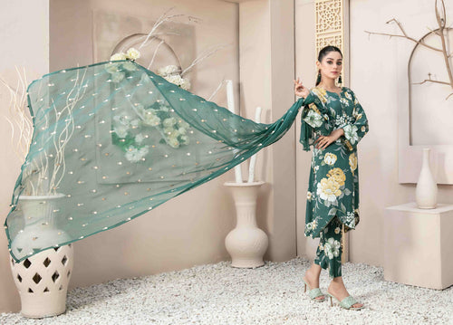 Emerald Green Floral 3-Piece Suit with Embroidered Chiffon Dupatta
