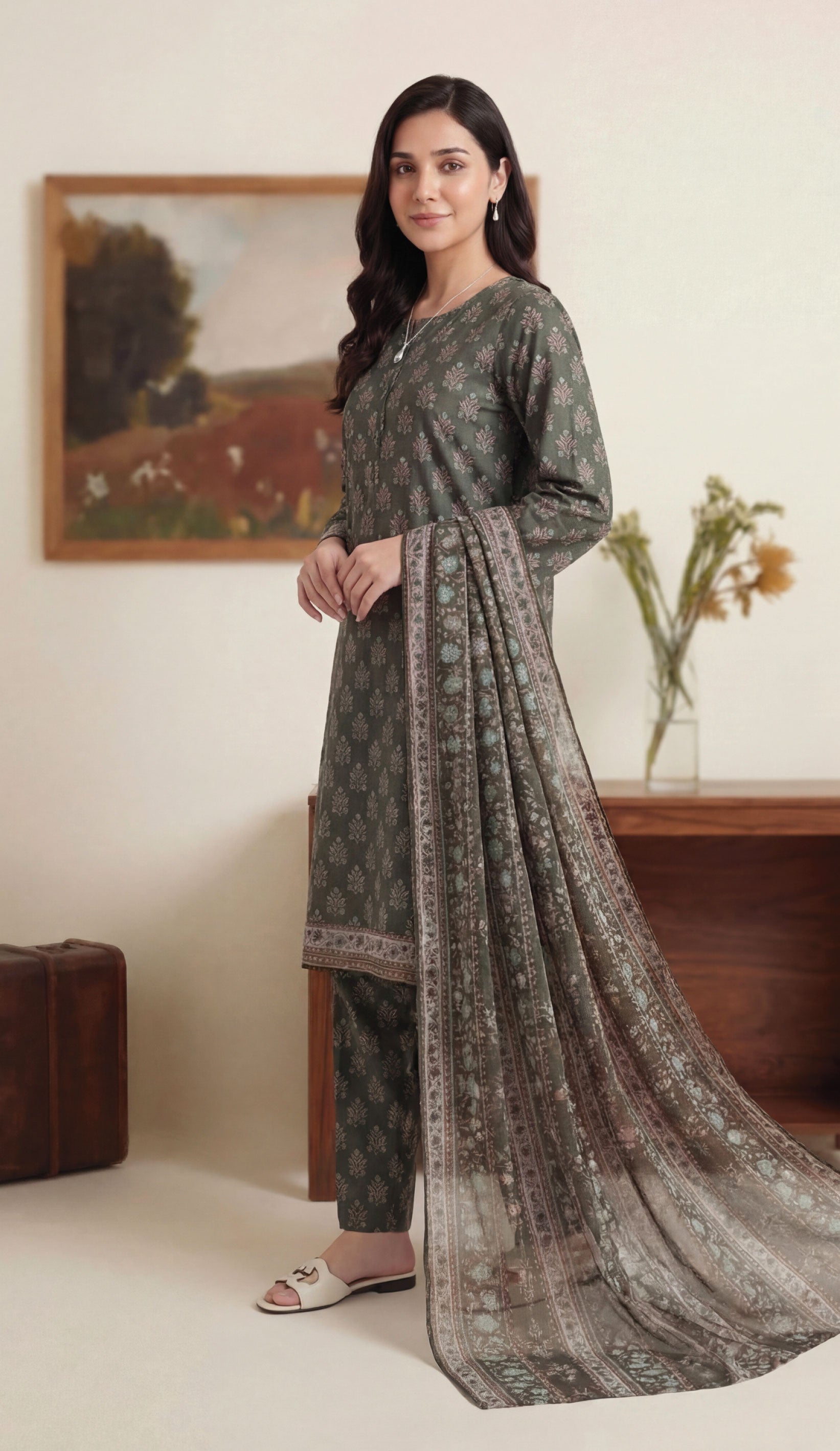 Ash Brown Lawn Rotary Print 3PC Ready-to-Wear
