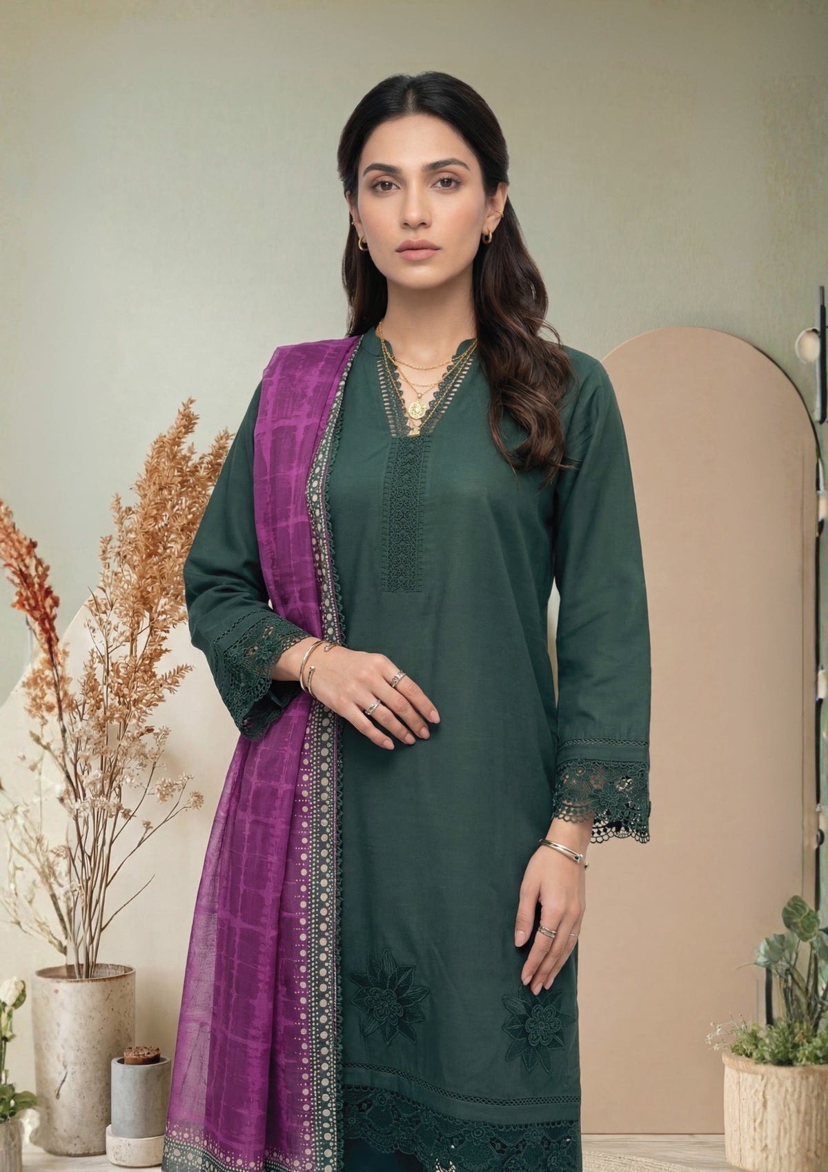 Deep Green Embroidered 3-Piece Suit with Purple Digital Print Dupatta